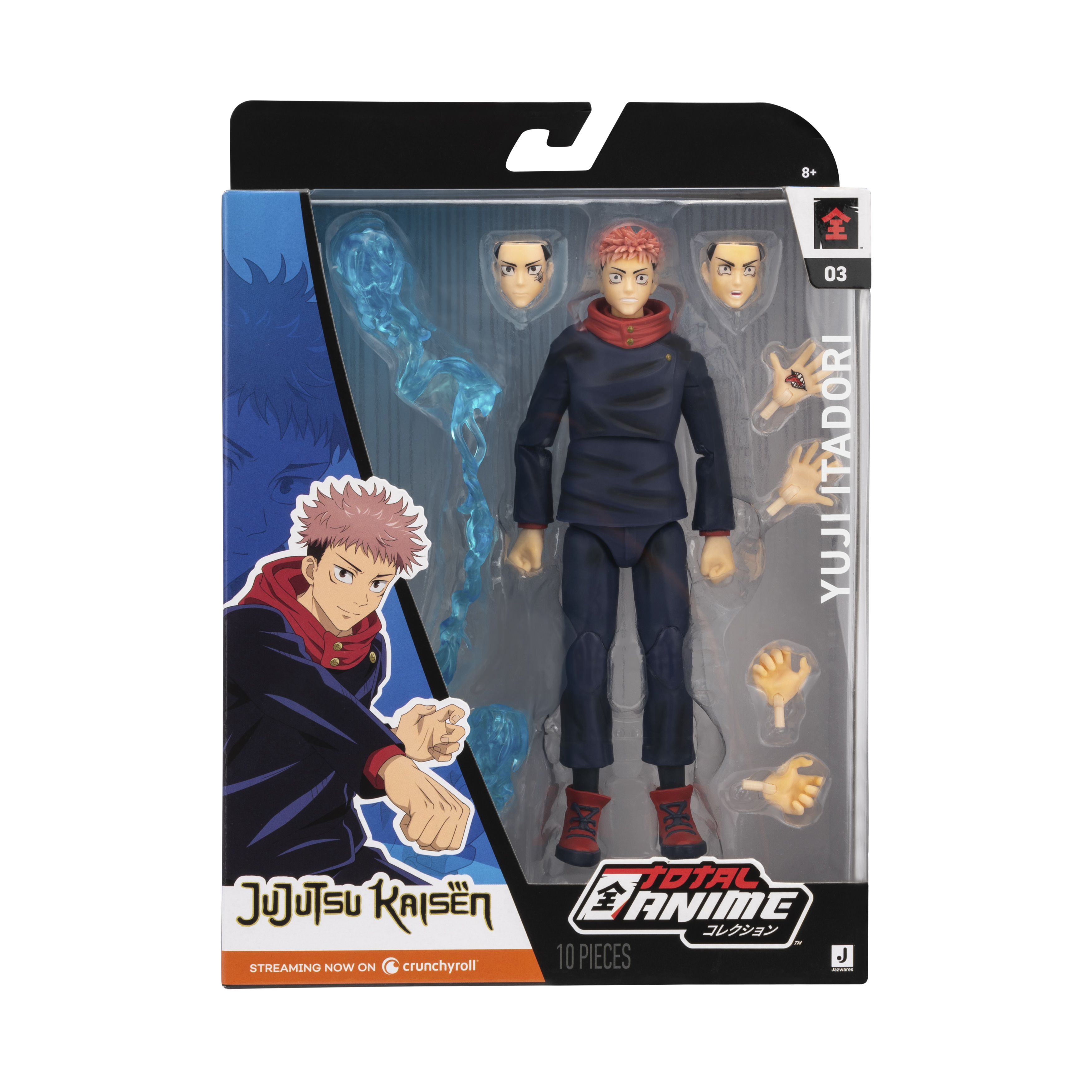 Eine Jujutsu Kaisen Yuji Itadori Actionfigur in Verpackung, die Zubehör und Charakterdesign zeigt.