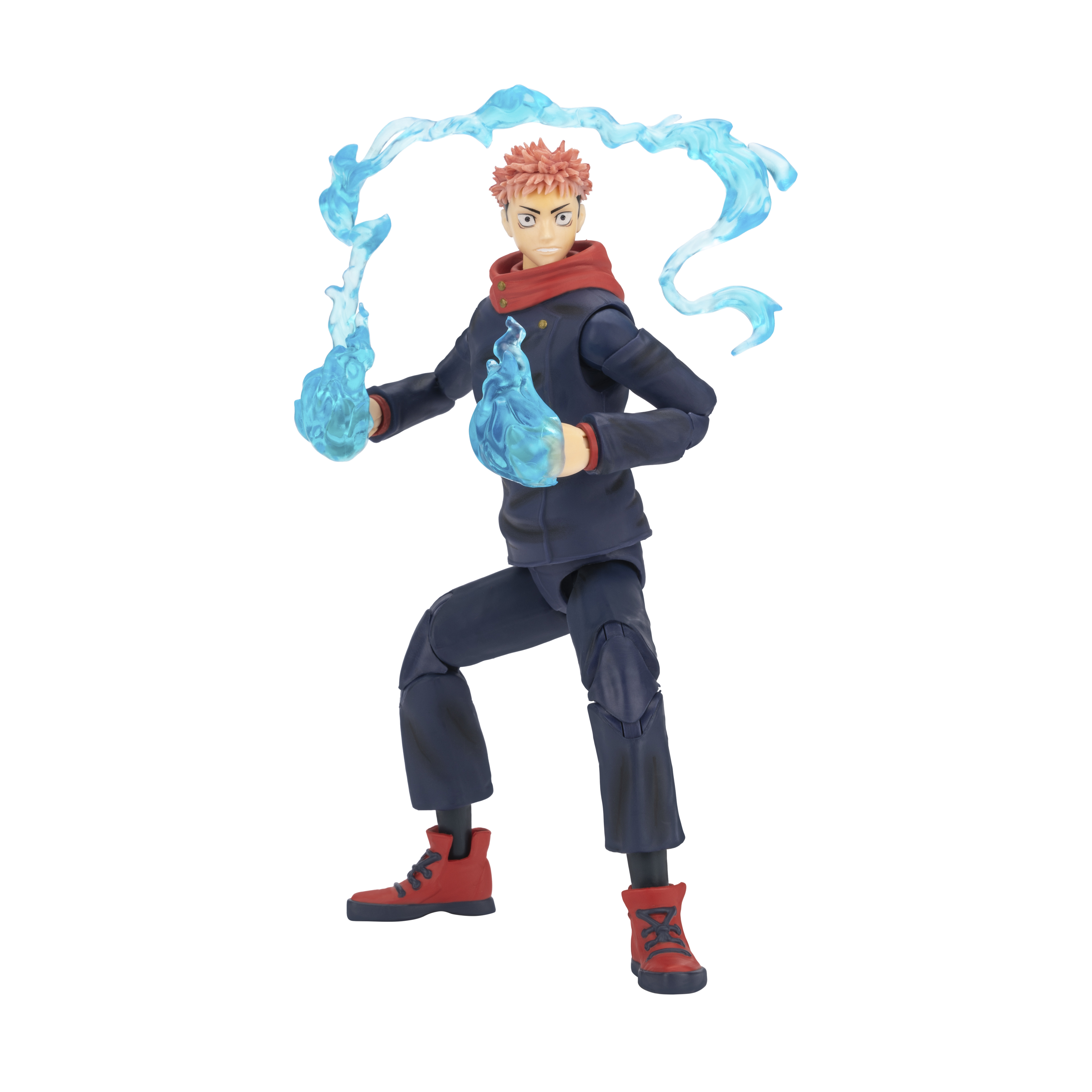 Yuji Itadori Actionfigur in dynamischer Pose, mit blauen Flammeneffekten, die von seinen Händen ausgehen.