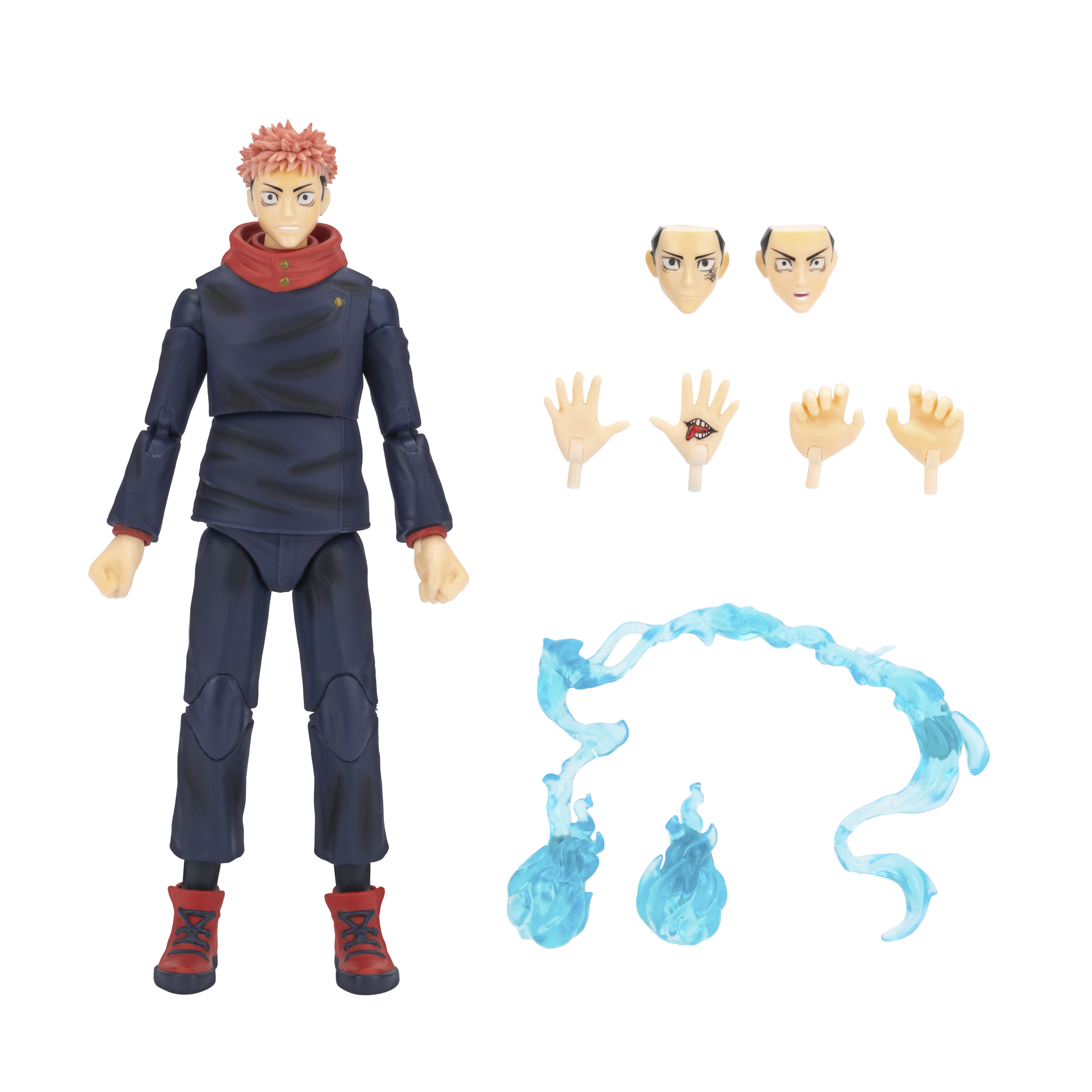 Eine Yuji Itadori Actionfigur mit Zubehör wie alternative Gesichter, Hände und blaue Flammeneffekte.