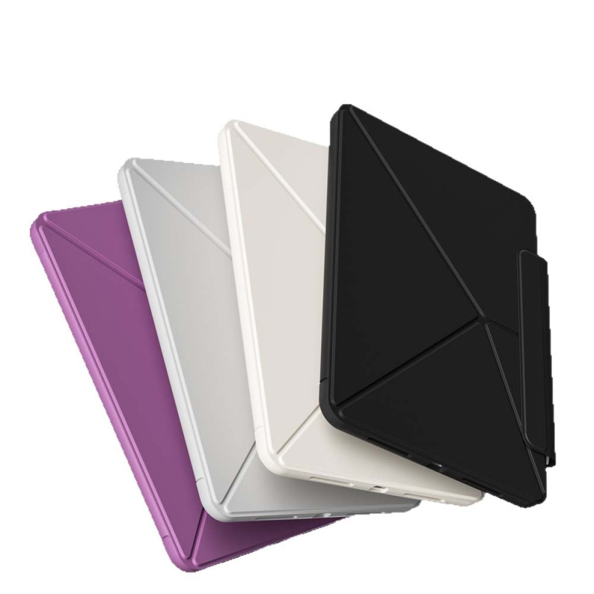 Quattro custodie per tablet in viola, bianco e nero sono impilate diagonalmente su uno sfondo bianco.