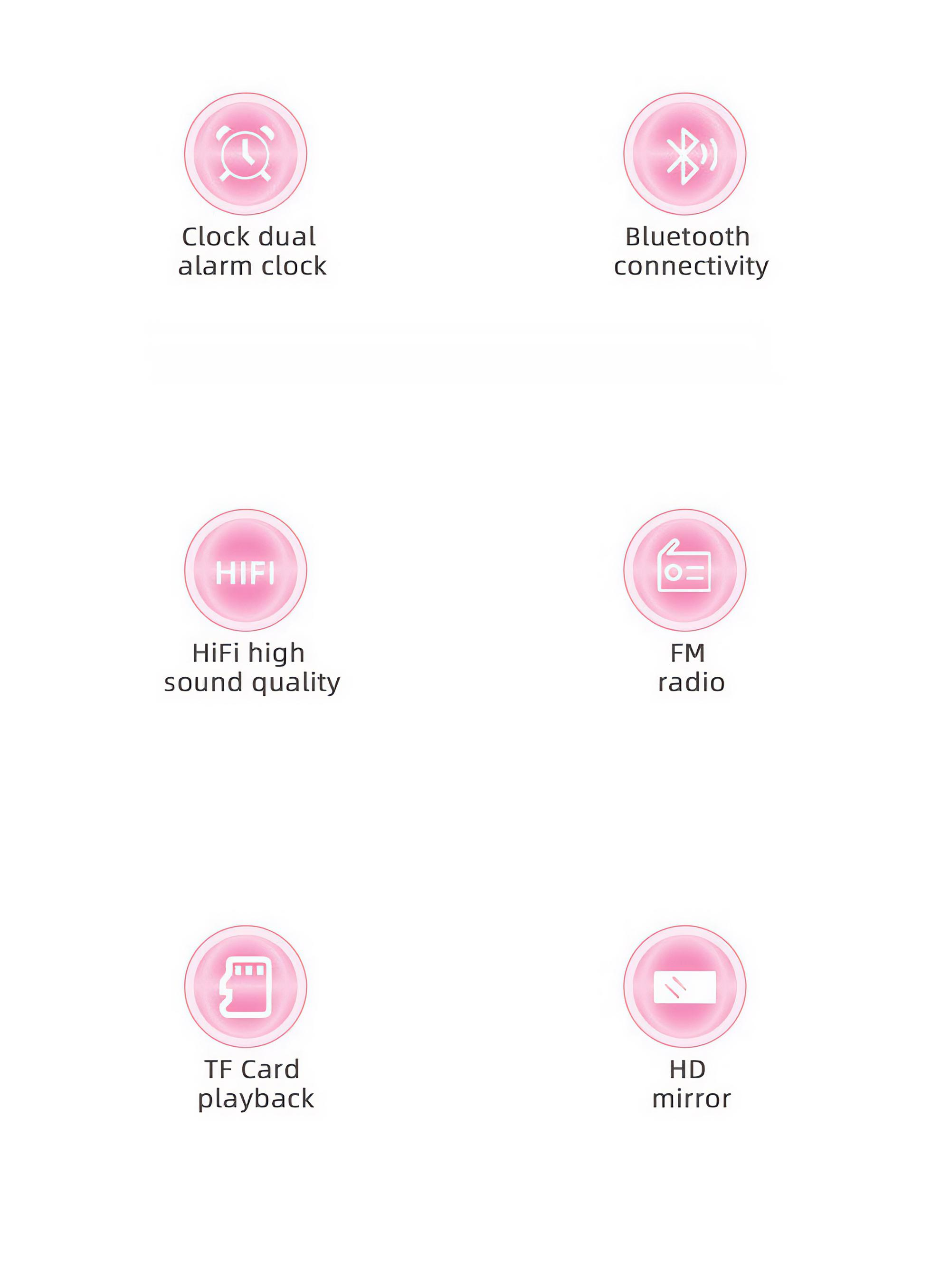 Pinke Symbole für Uhr, Bluetooth, HiFi-Sound, UKW-Radio, TF-Kartenwiedergabe und HD-Spiegel.
