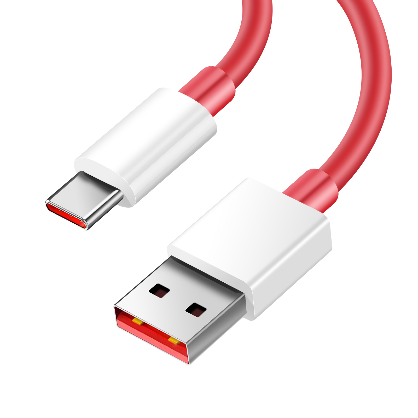 Primer plano de un cable de carga USB-C rojo y blanco, mostrando los conectores.
