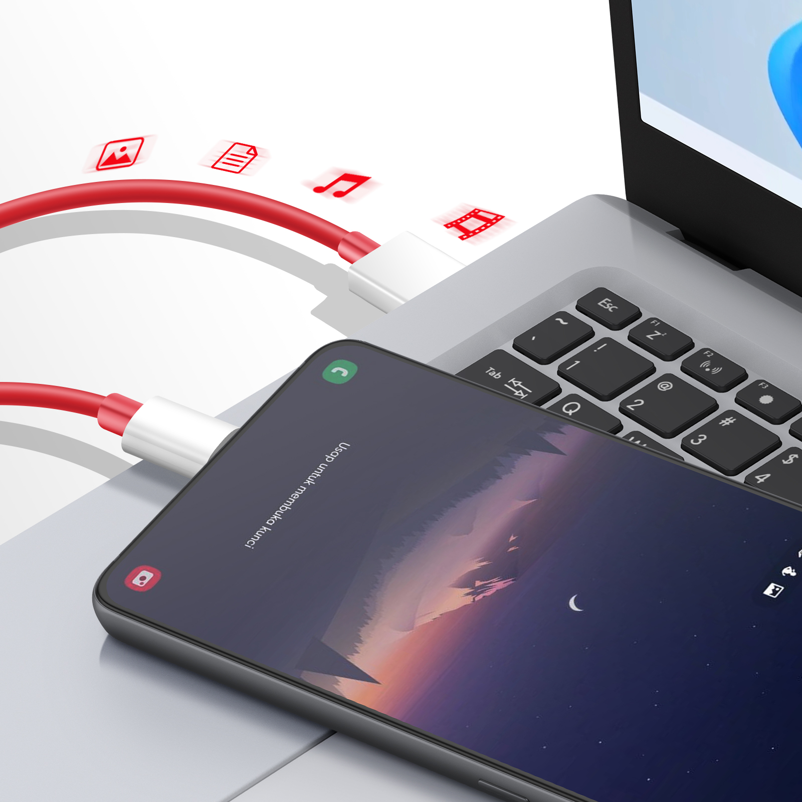 Un cable de carga rojo conectado a una computadora portátil y un teléfono inteligente. El teléfono muestra una interfaz.