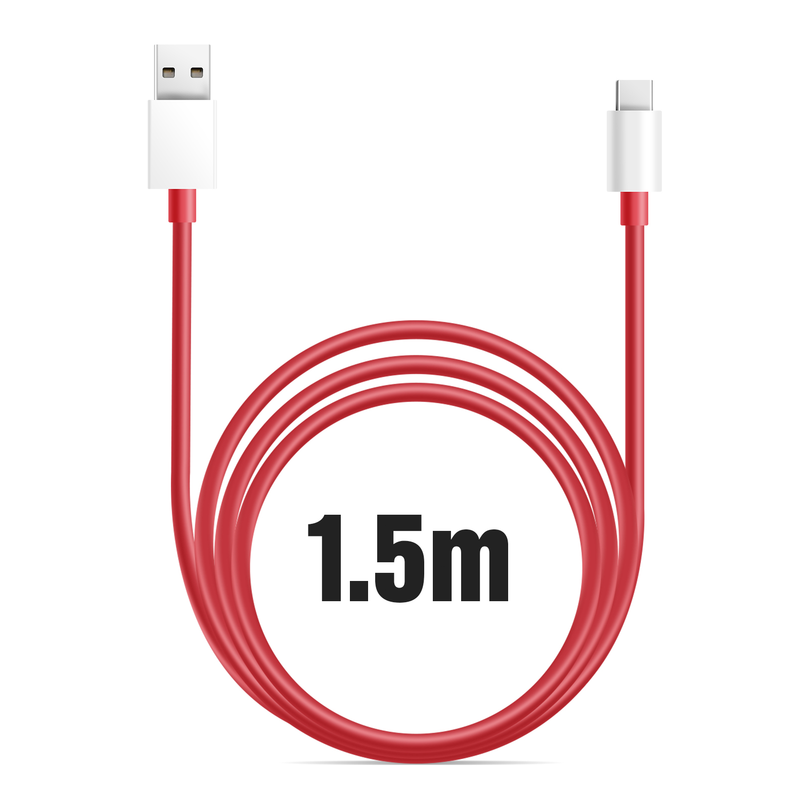 Cable USB-C rojo con conectores blancos. Texto 1,5 m en el centro.
