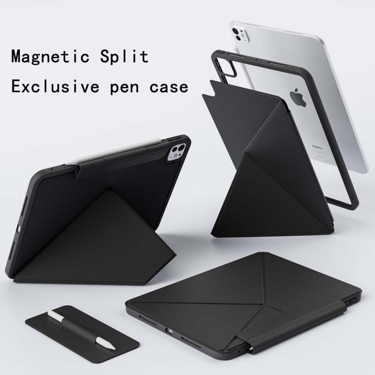 Custodie iPad nere con supporti magnetici e una penna. Sono in diverse posizioni.