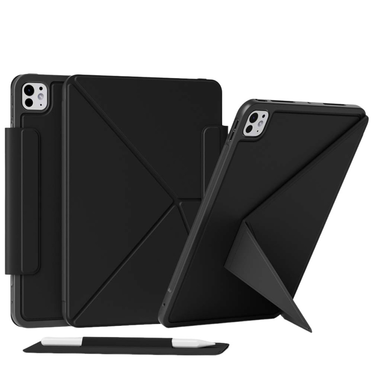 L'immagine mostra una custodia per iPad con uno stilo. L'iPad è nero e la custodia ha un design pieghevole.