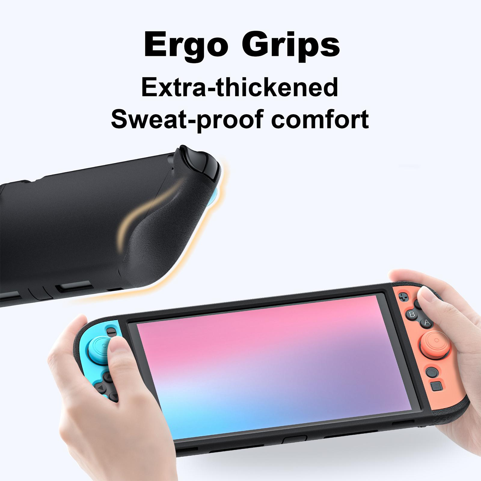Hände halten eine Nintendo Switch mit blauen und korallenfarbenen Joy-Cons und einem schwarzen Gehäuse.
