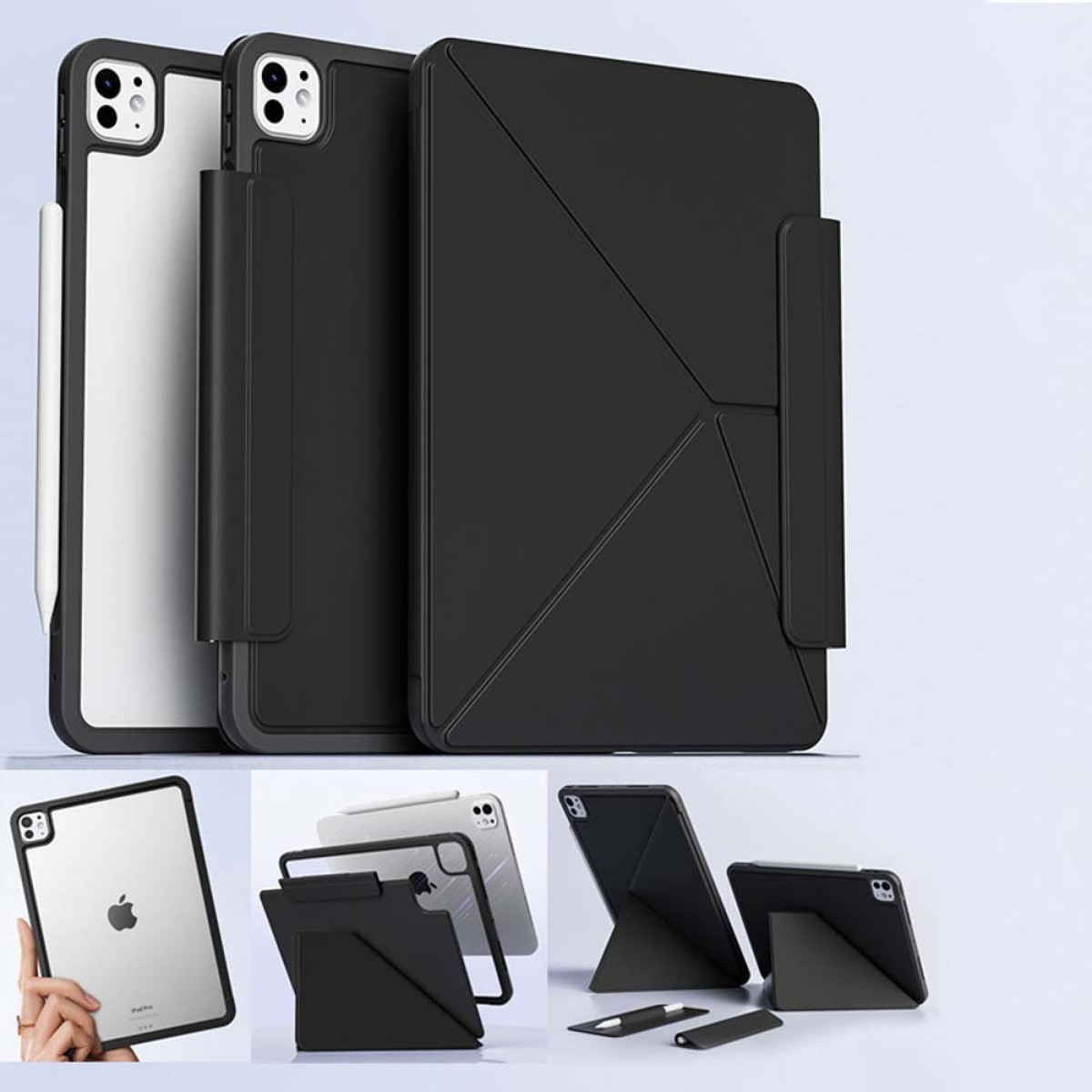 Immagine che mostra una custodia per iPad con uno stilo. L'iPad è nero e la custodia ha un design pieghevole.
