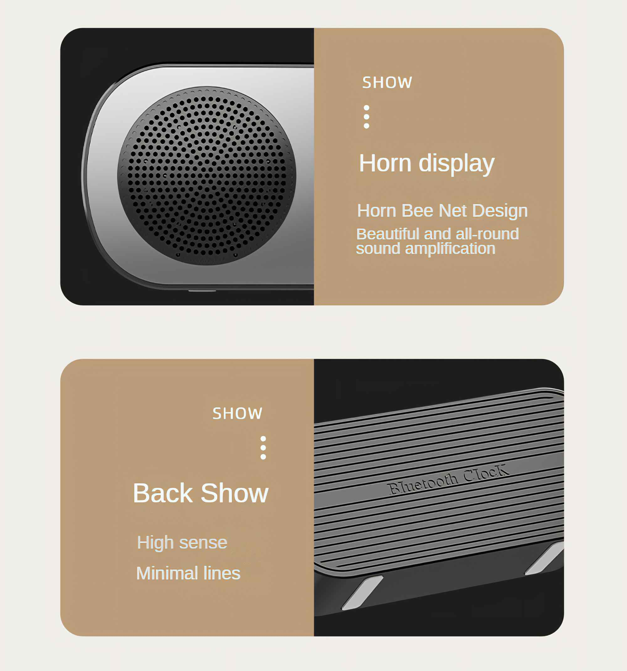 Bild zeigt die Lautsprechervorderseite mit einem Mesh-Design und die Rückseite mit einem minimalistischen Design. Auf der Rückseite steht Bluetooth Clock.