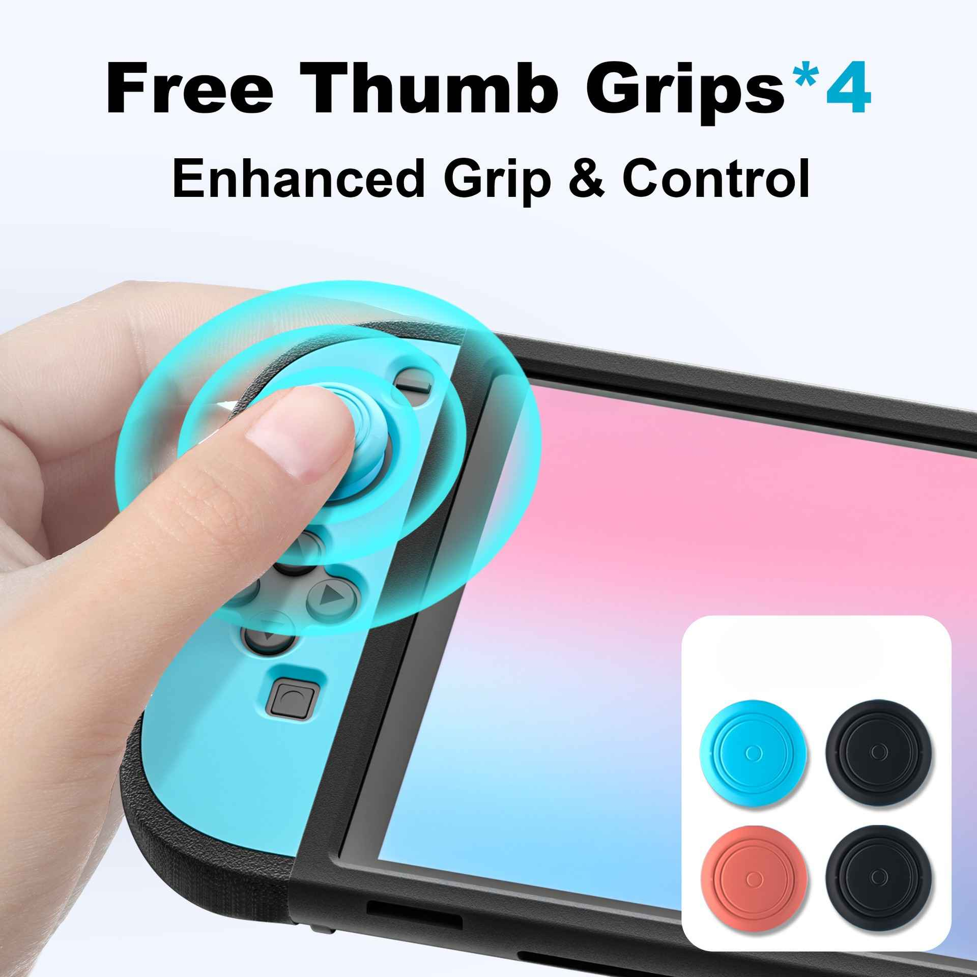 Hand hält einen türkisfarbenen Daumengriff an einem Gamecontroller. Vier farbige Daumengriffe sind in der Ecke.