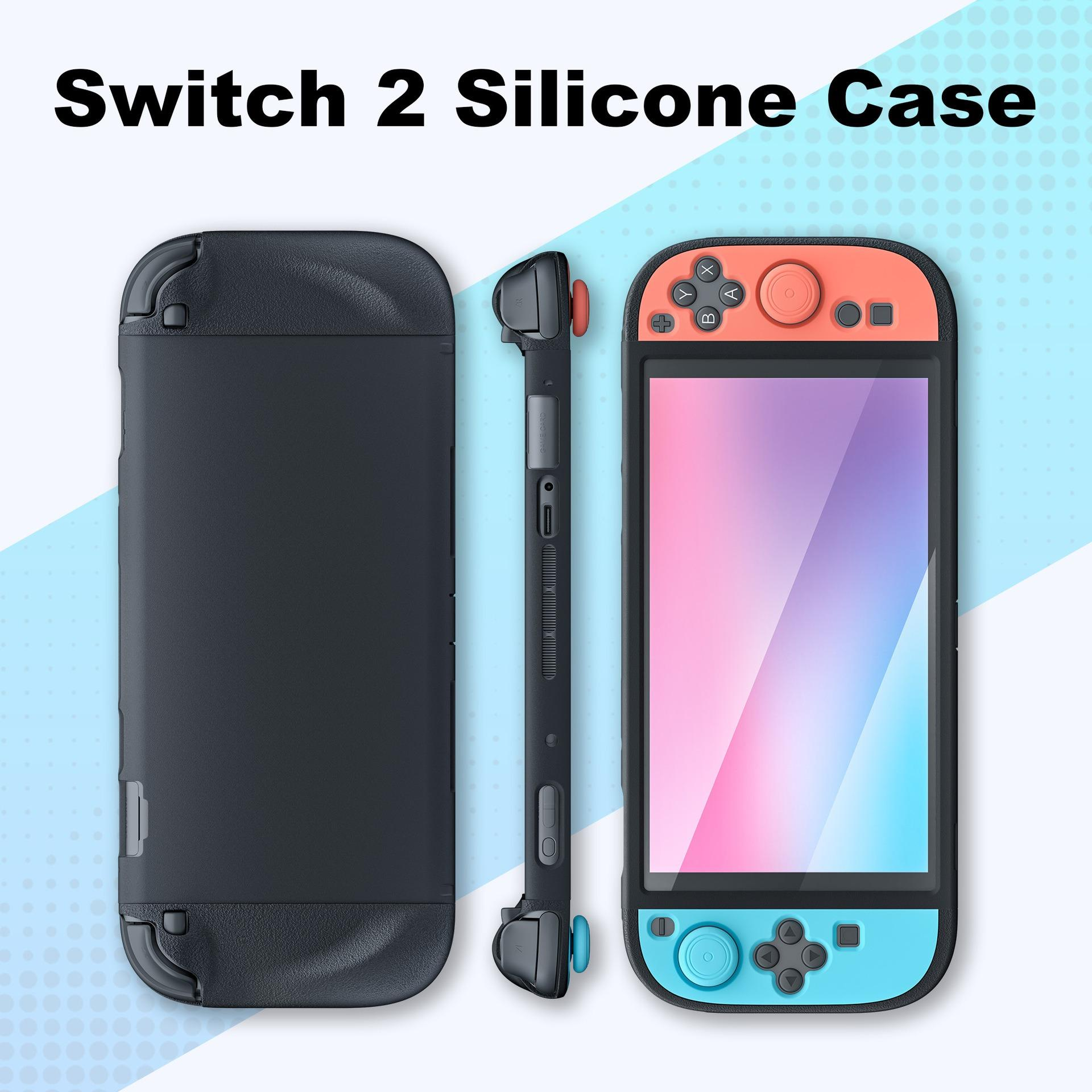 Drei Ansichten einer Switch 2 Silikonhülle. Die Hülle ist schwarz, der Controller blau und korallenfarben, der Bildschirm bunt.