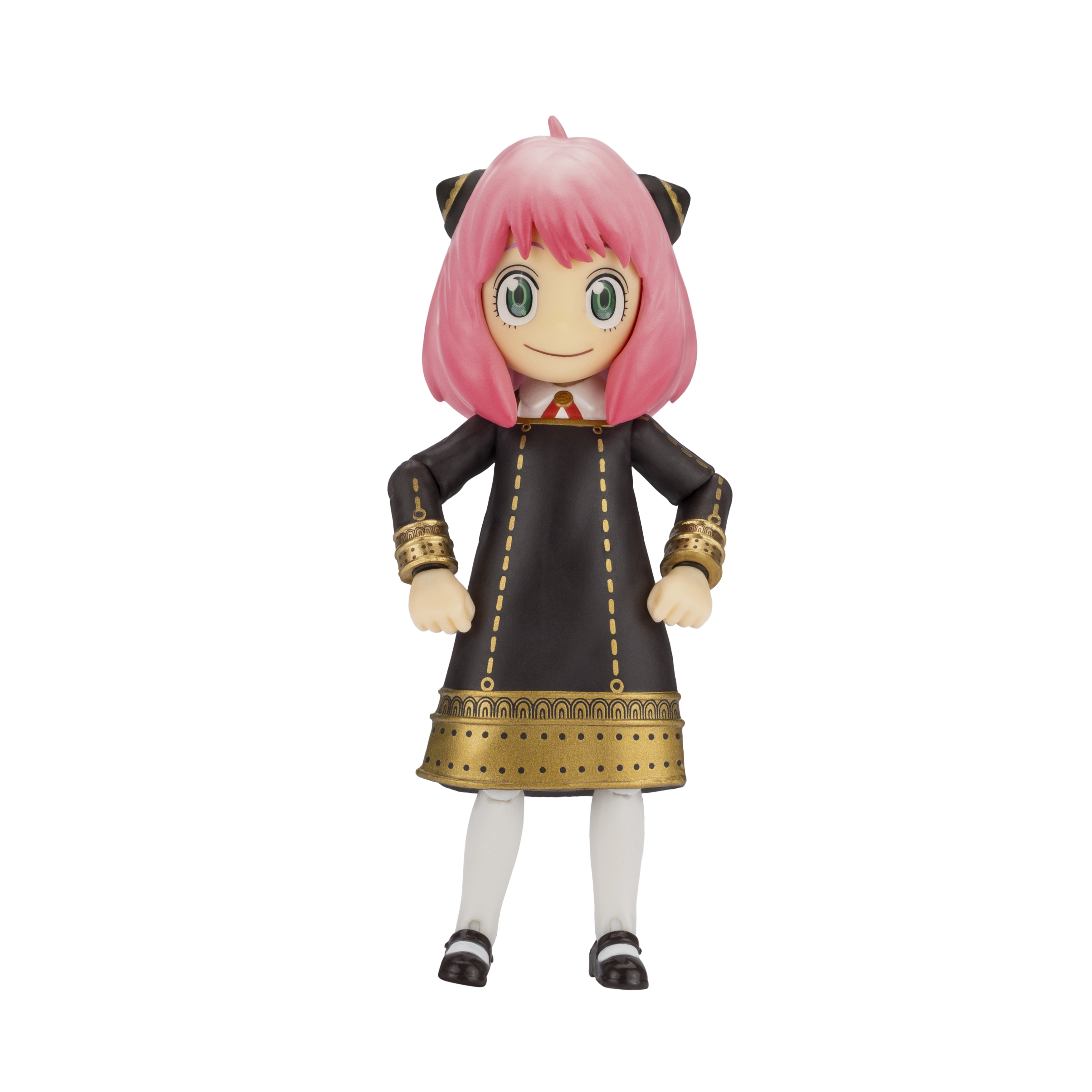 Anya Forger Figur aus Spy x Family. Sie trägt ein schwarzes Kleid mit goldenen Akzenten und hat rosafarbenes Haar.