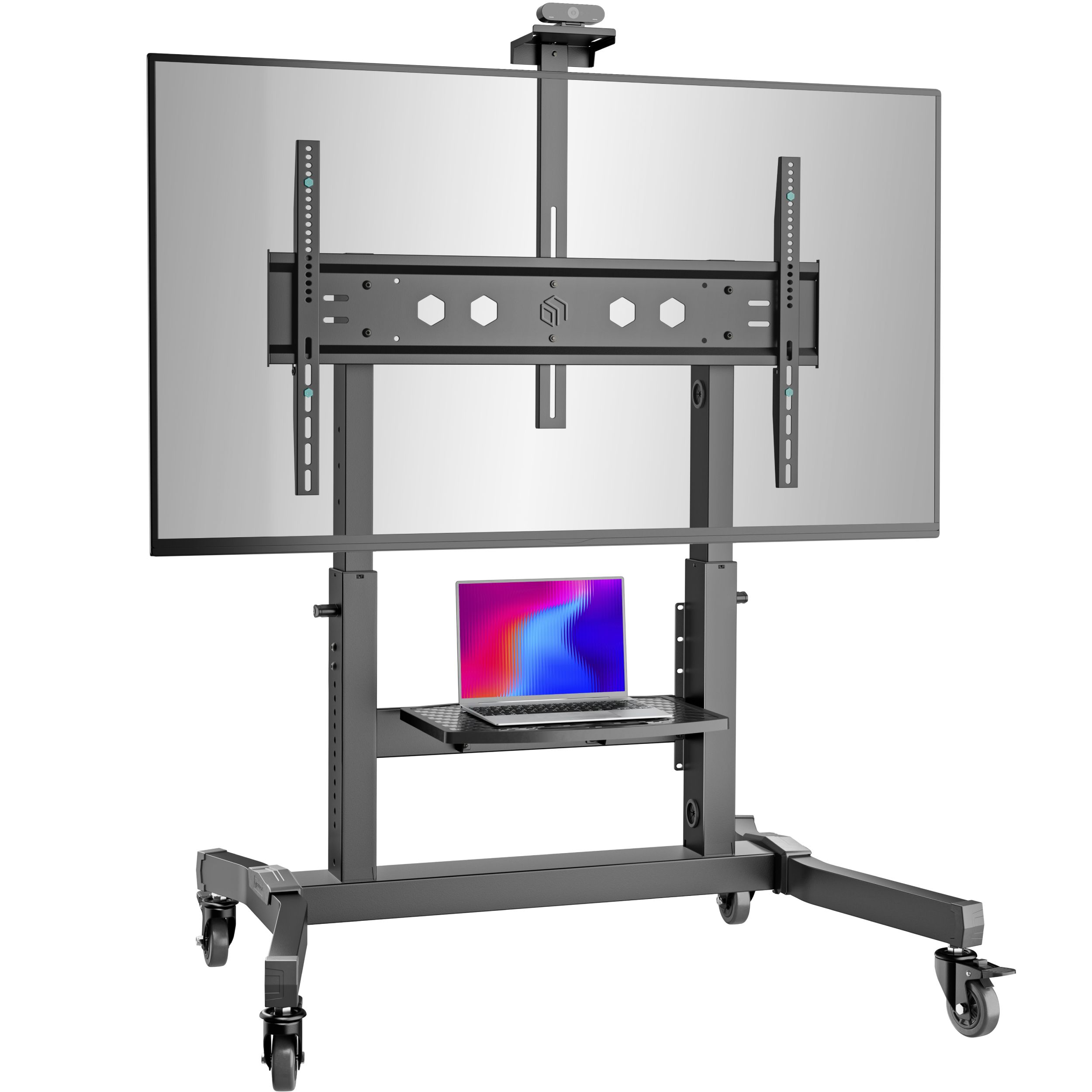 Un televisor de pantalla grande en un soporte móvil con ruedas. Tiene un estante para una computadora portátil y una cámara arriba.