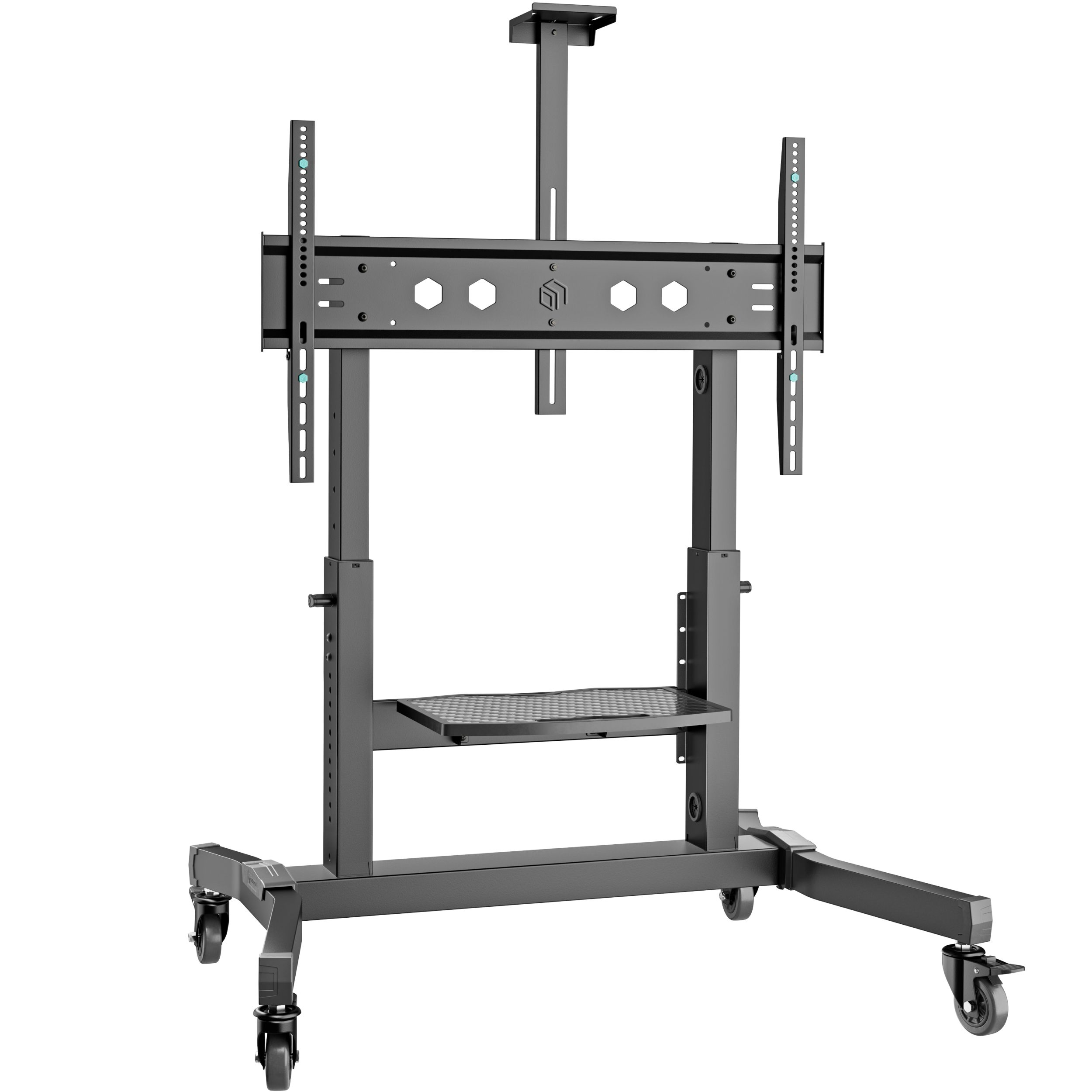 Soporte de TV móvil con ruedas. El soporte es negro y tiene un estante y altura ajustable.