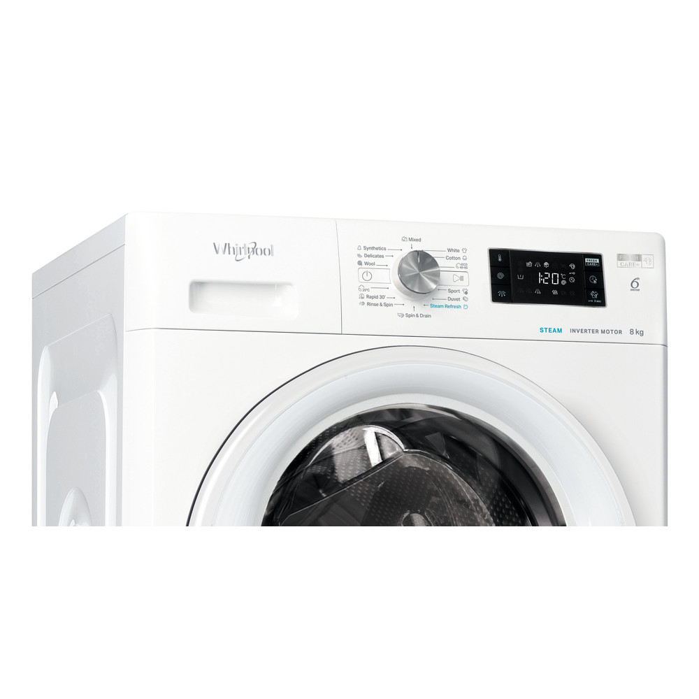 Lavatrice Whirlpool bianca. Mostra il pannello di controllo con varie impostazioni, tra cui vapore e inverter.