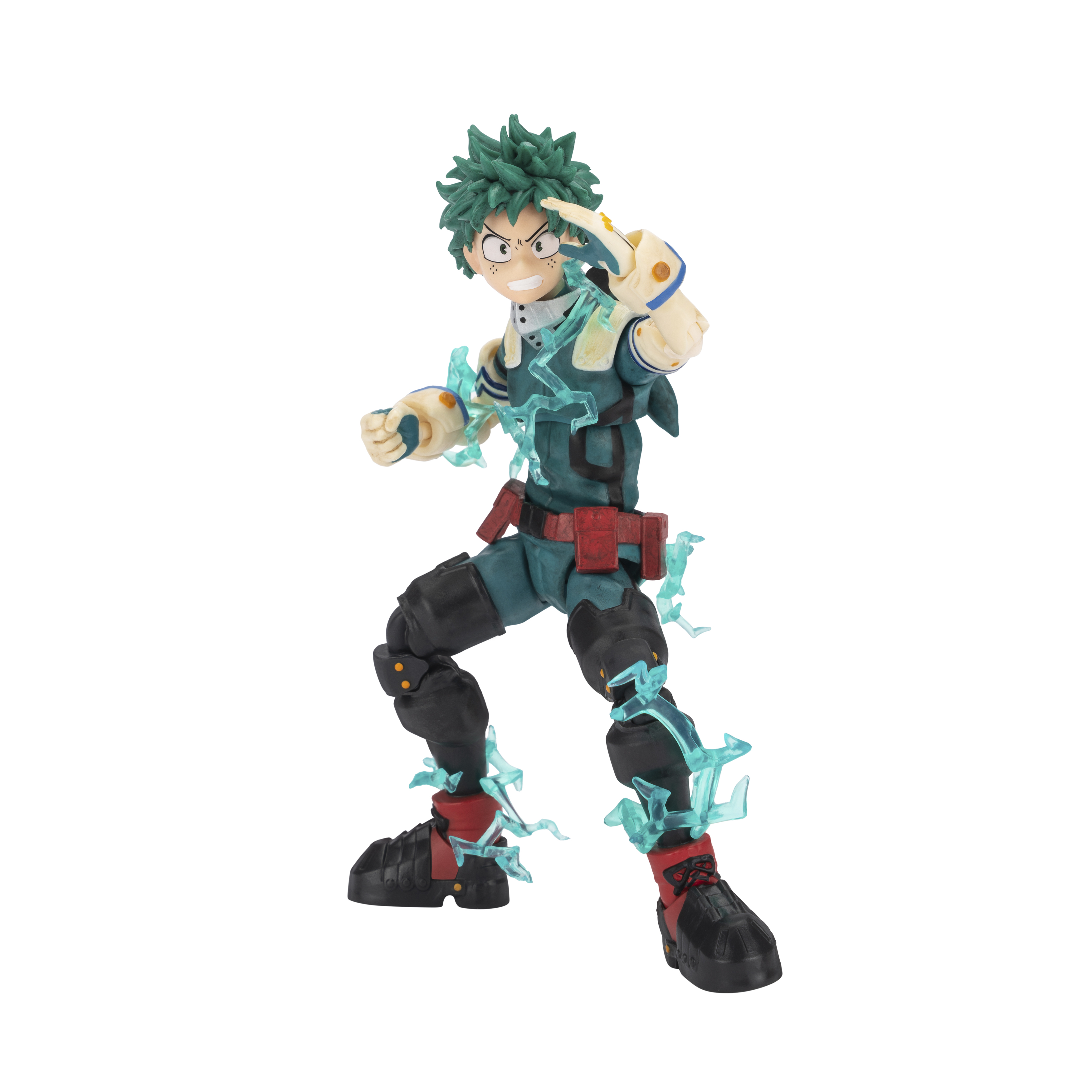 Eine Actionfigur von Izuku Midoriya aus My Hero Academia. Er ist in einer dynamischen Pose mit Energieeffekten.