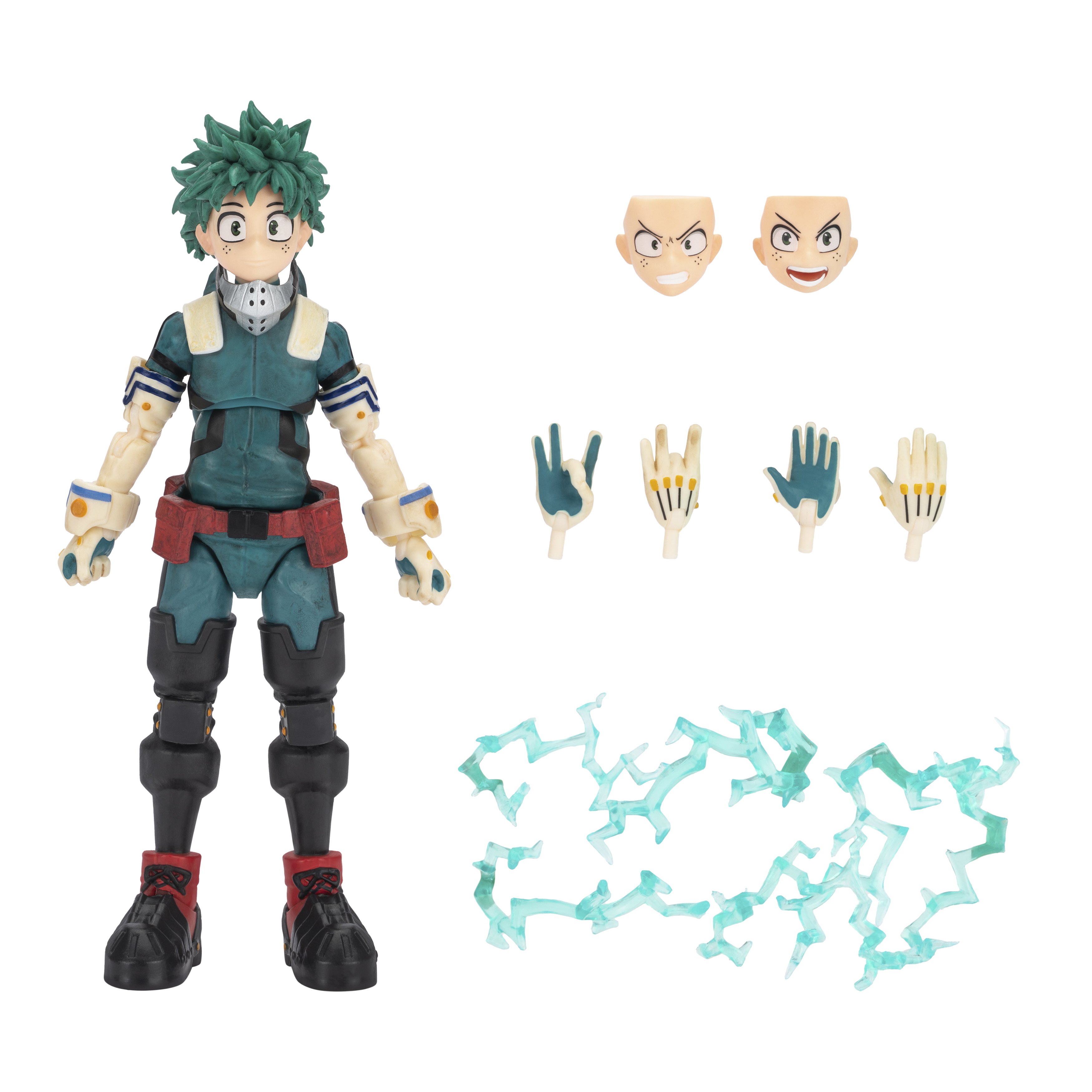 Eine Actionfigur von Izuku Midoriya mit austauschbaren Teilen und Energieeffekten, auf weißem Hintergrund.