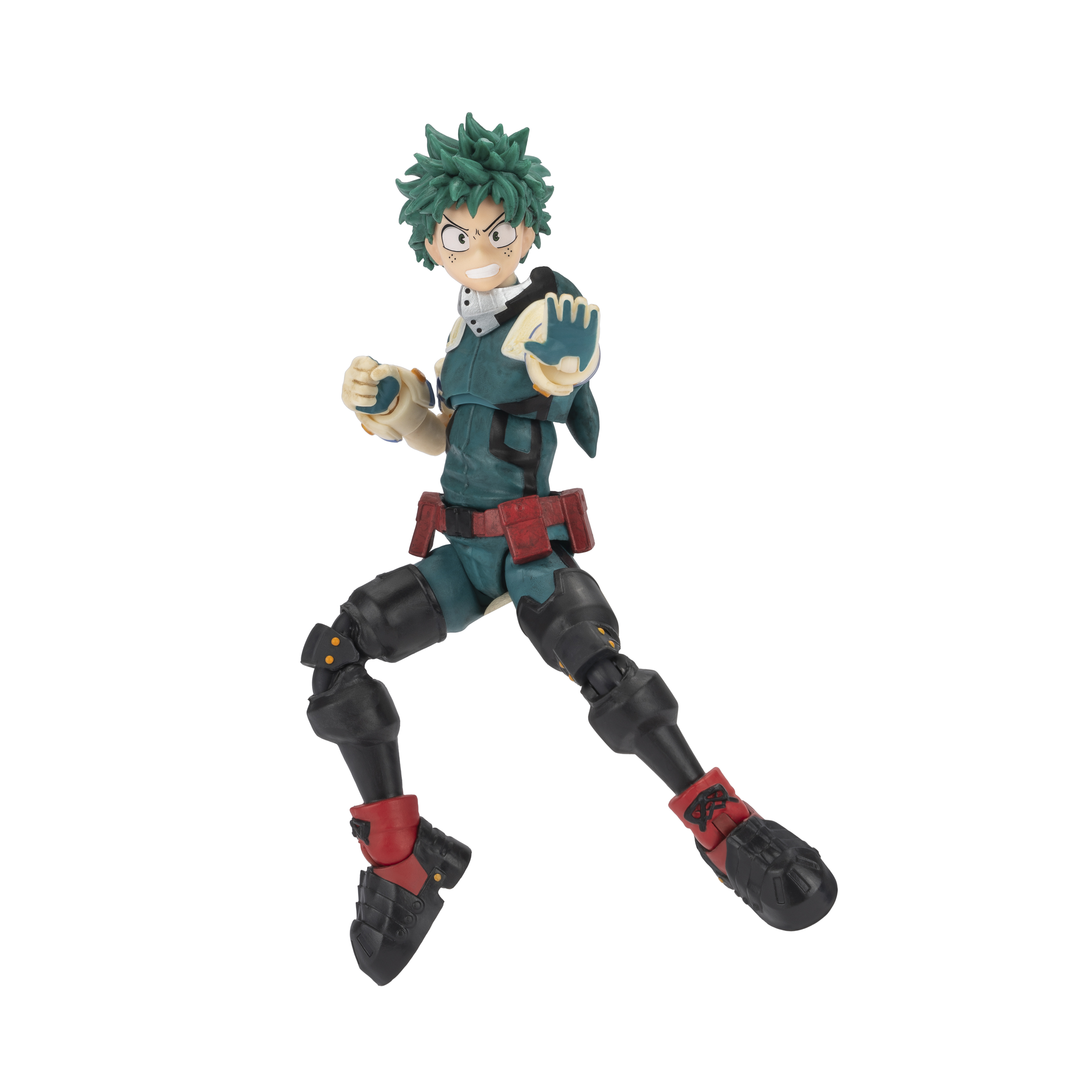 My Hero Academia Actionfigur. Izuku Midoriya in dynamischer Pose, trägt einen grünen Anzug und rote Stiefel.