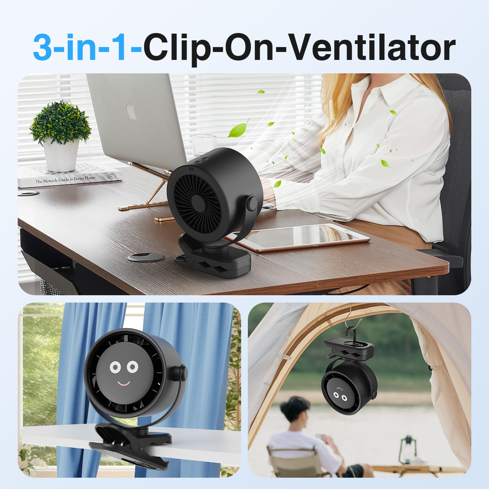 Ein schwarzer Clip-on-Ventilator wird in verschiedenen Umgebungen gezeigt: auf einem Schreibtisch, einem Regal und in einem Zelt.