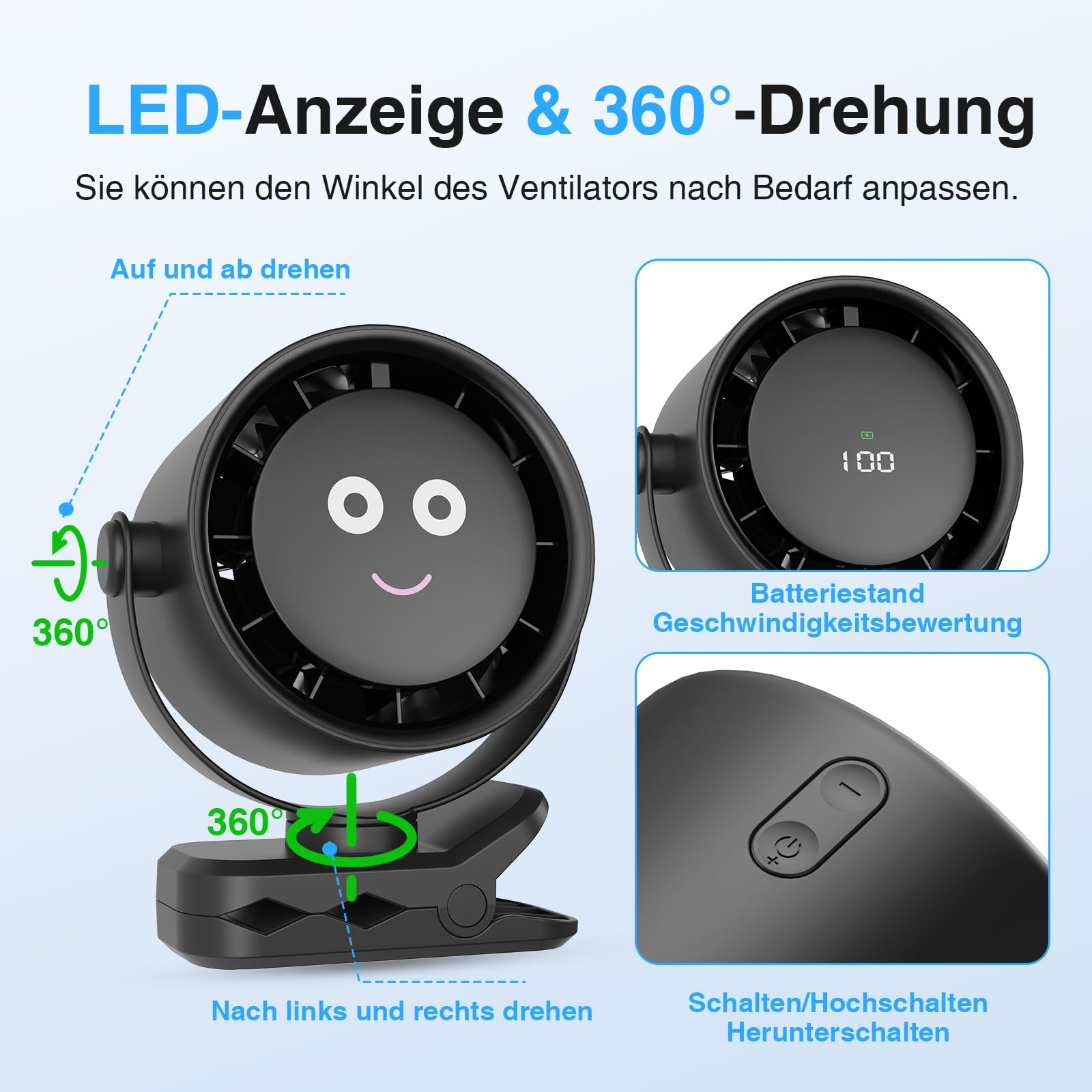 Ein schwarzer Clip-on-Ventilator mit digitaler Anzeige. Text zeigt, dass er sich um 360 Grad drehen kann und Geschwindigkeitseinstellungen hat.