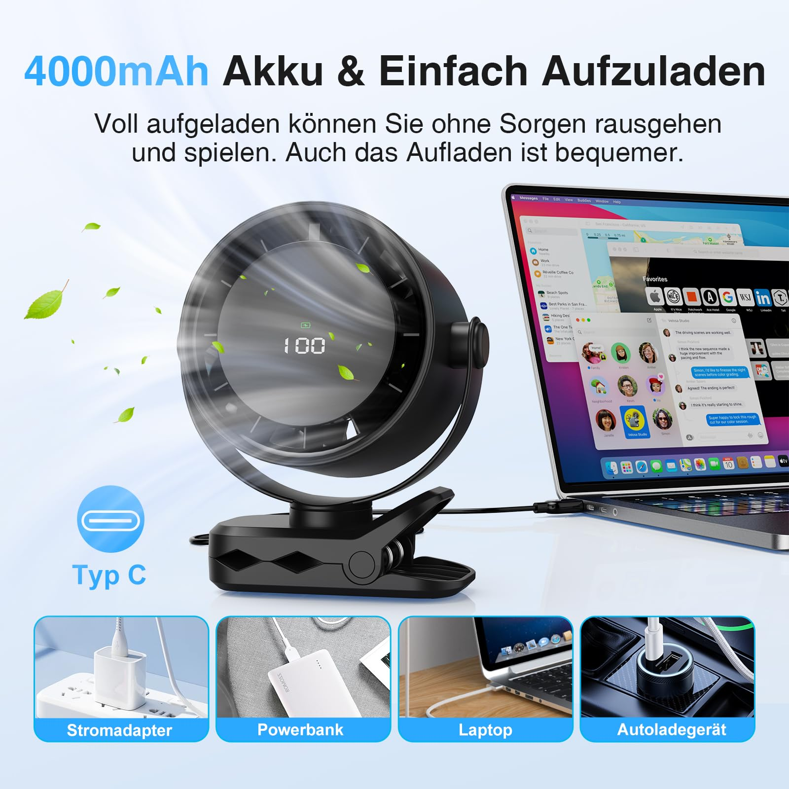 Ein schwarzer Clip-on-Ventilator mit digitaler Anzeige. Er ist über ein USB-Kabel zum Aufladen mit einem Laptop verbunden.