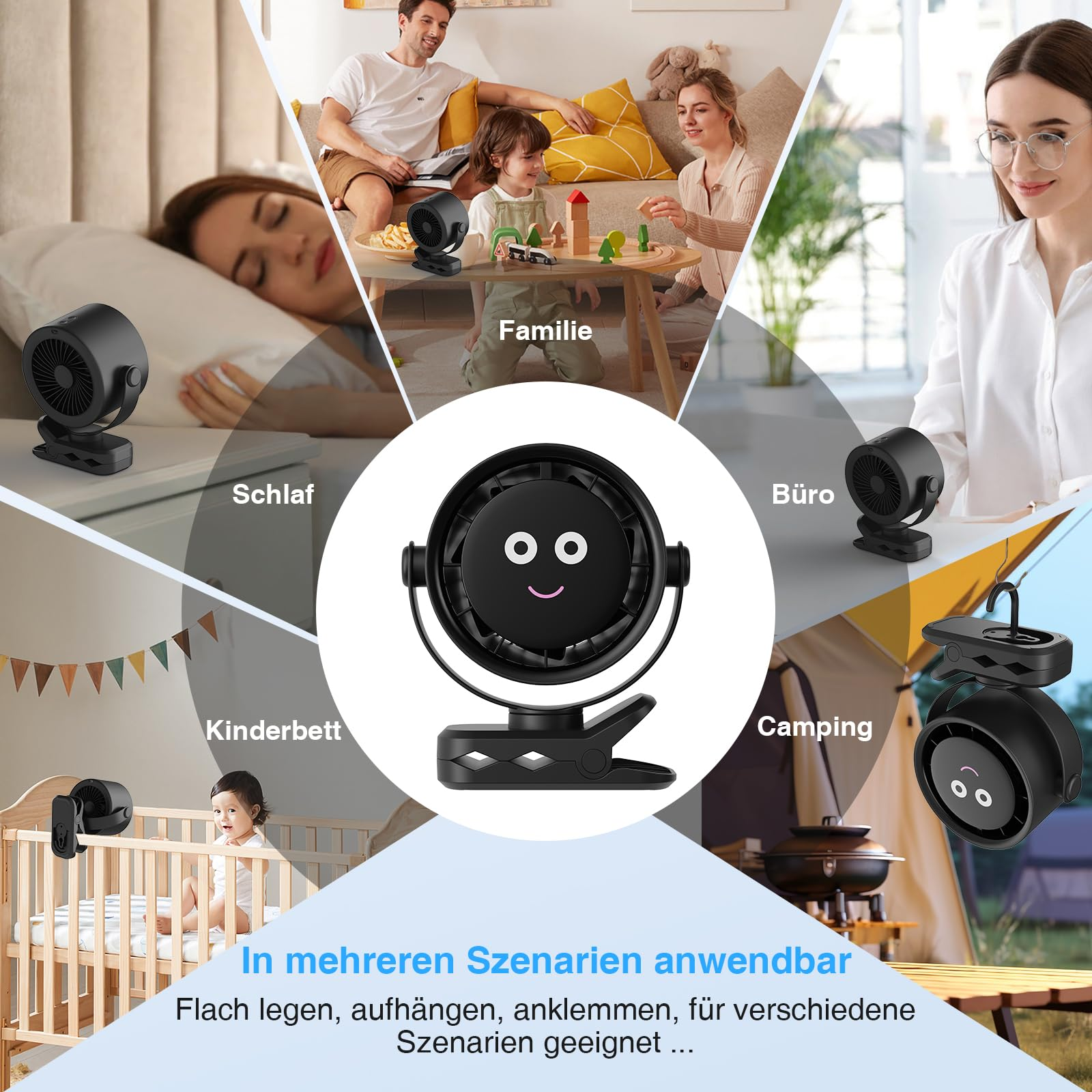 Ein schwarzer Ventilator mit einem lächelnden Gesicht wird in verschiedenen Szenen gezeigt: Schlafzimmer, Familie, Büro, Camping und Kinderbett.