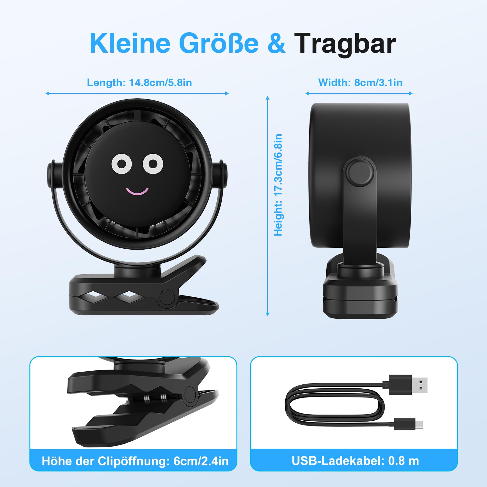 Ein schwarzer Clip-on-Ventilator mit Abmessungen. Er ist klein und tragbar. Maße sind in cm und Zoll angegeben.