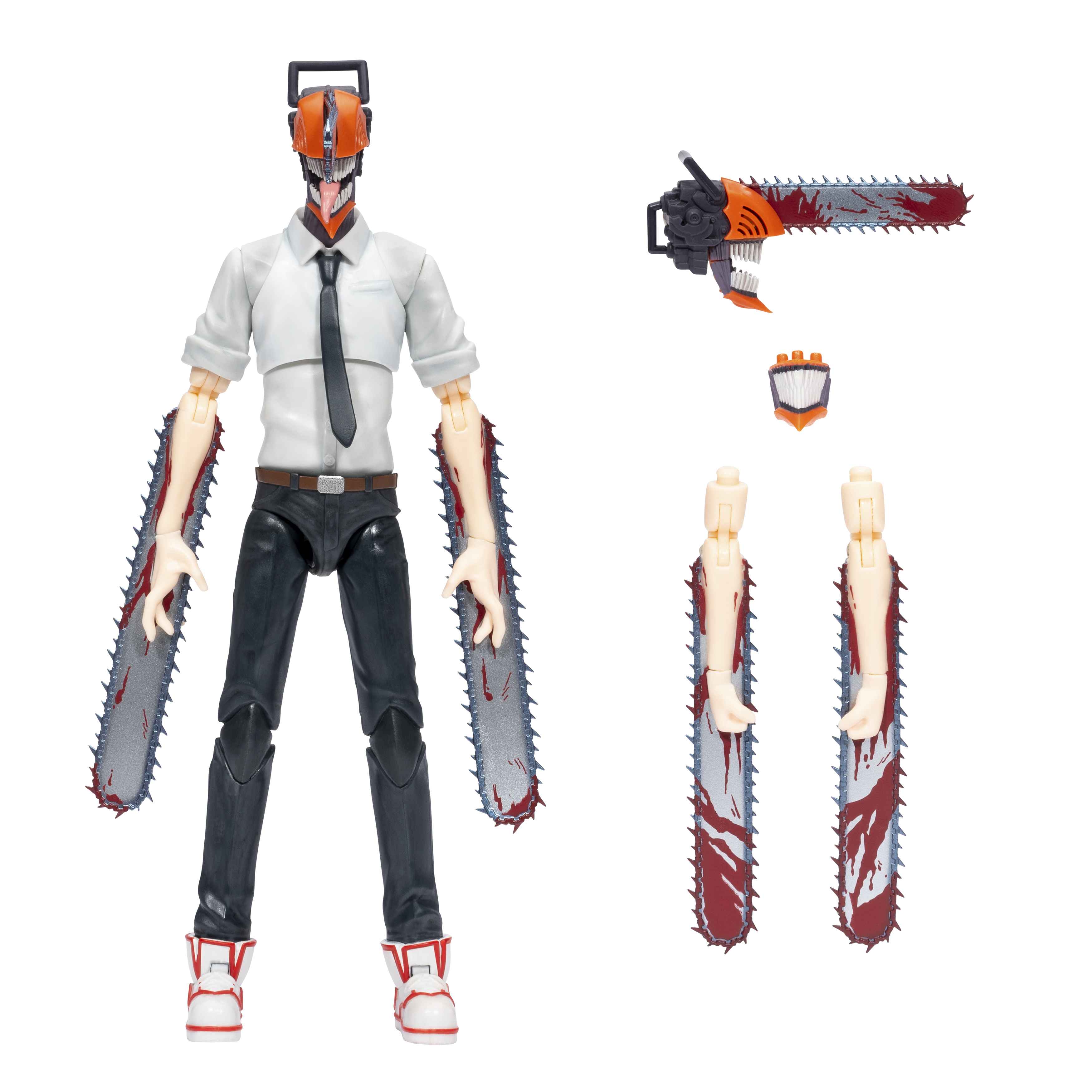 Chainsaw Man Actionfigur. Sie hat einen Kettensägenkopf und -arme. Separate Kettensäge und zwei Arme mit Kettensägen.
