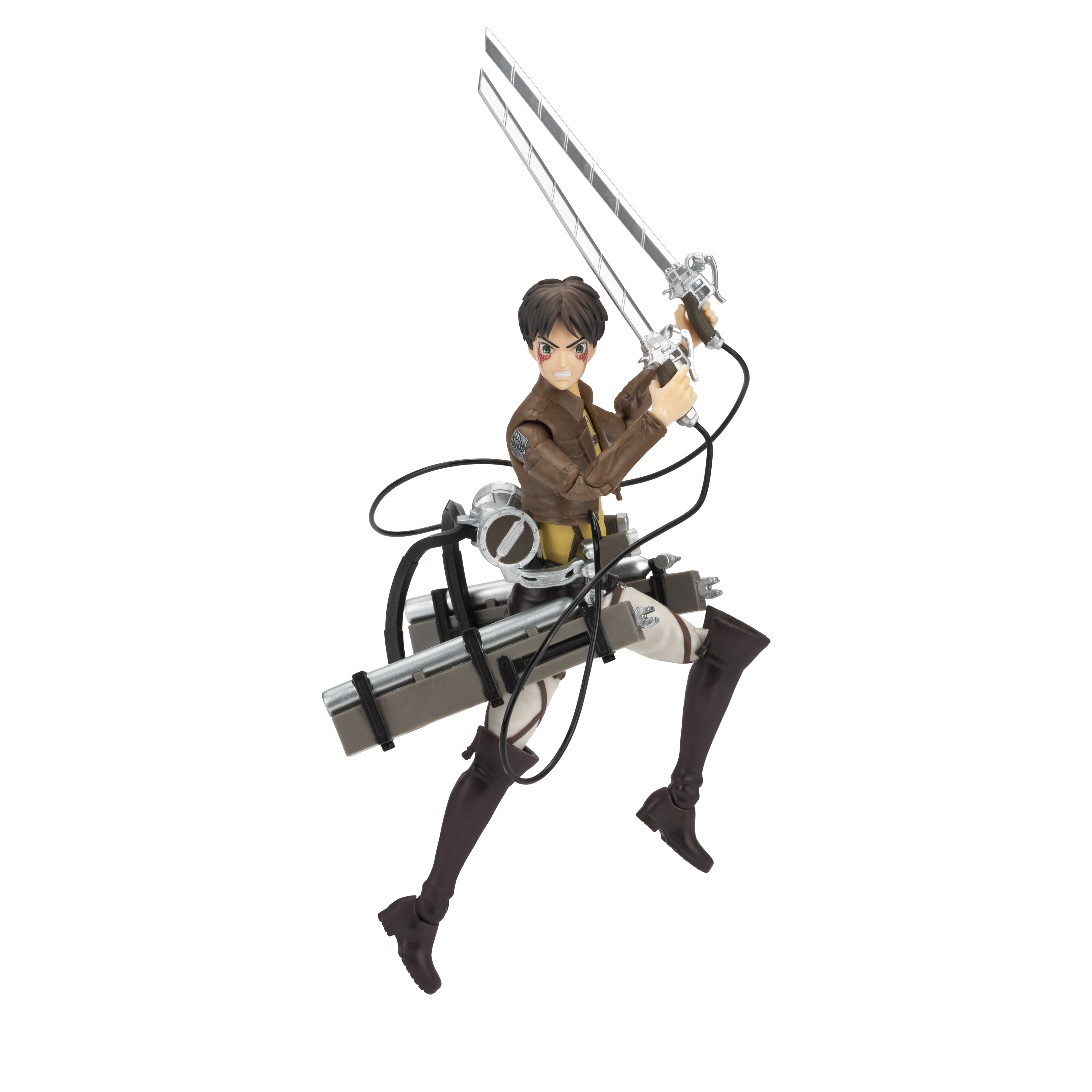 Actionfigur von Eren Yeager aus Attack on Titan, der Schwerter in dynamischer Pose hält, mit Ausrüstung auf dem Rücken.