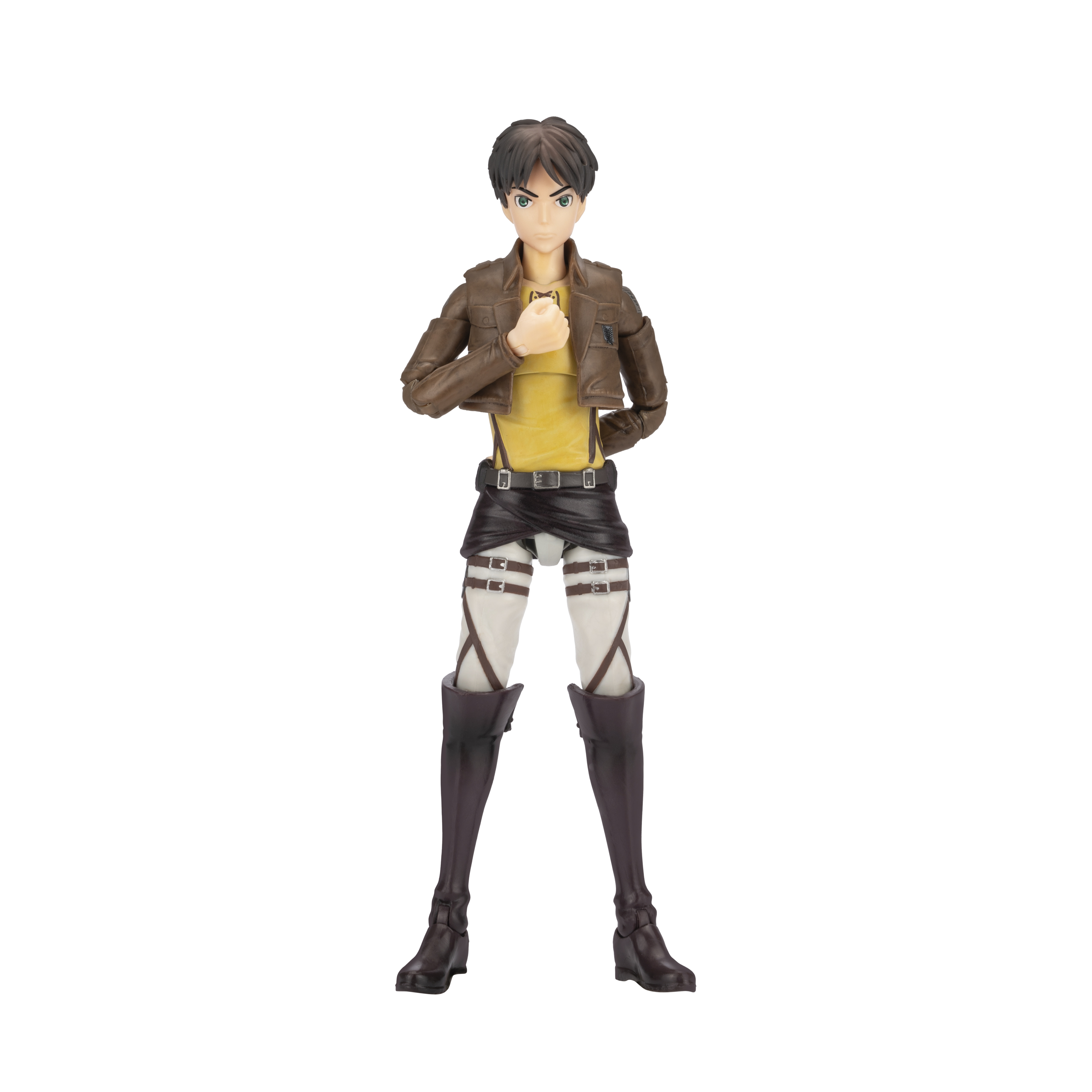 Eren Yeager Actionfigur aus Attack on Titan, stehend, trägt eine braune Jacke und hebt die Faust.