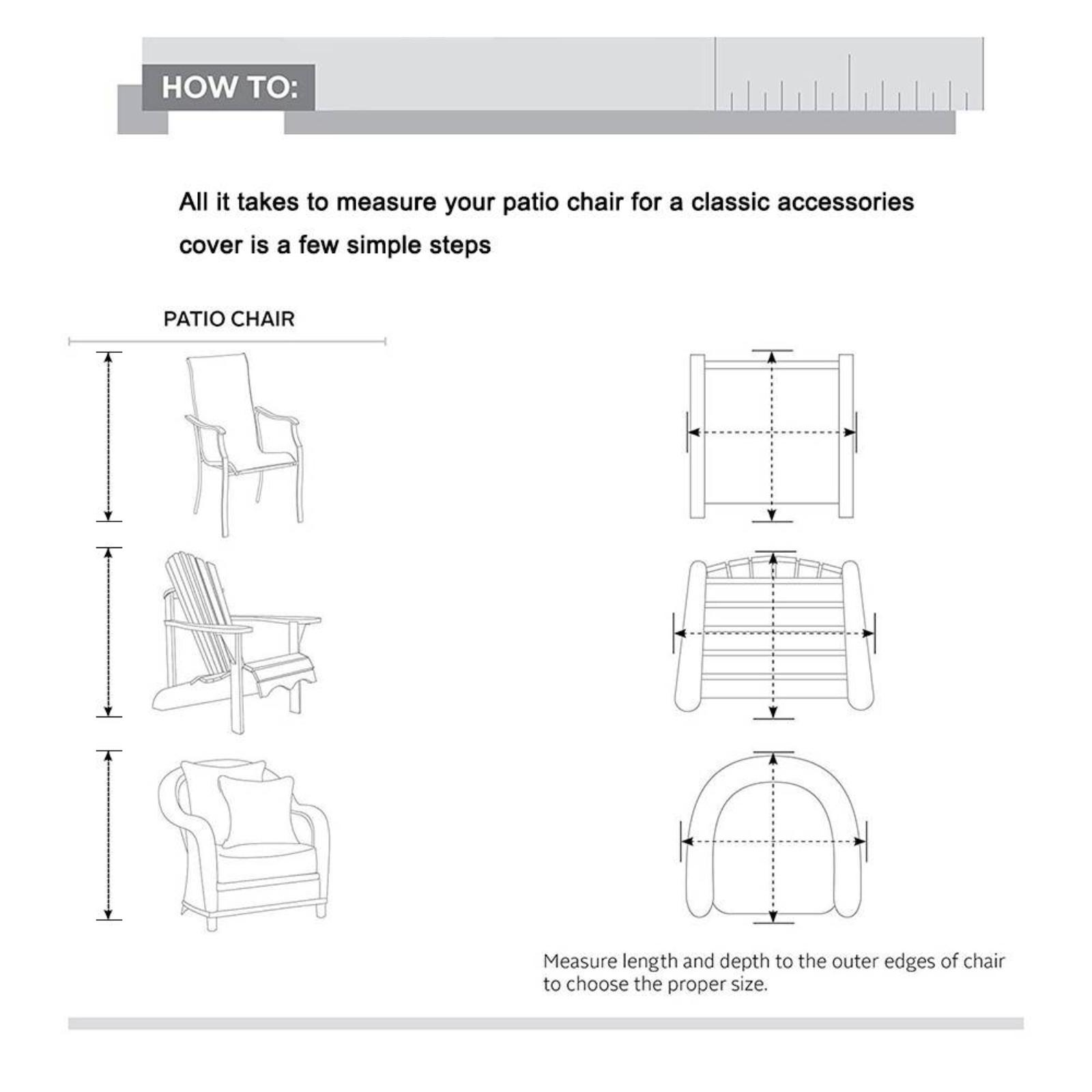 Diagramm mit Messungen für Gartenstühle, das zeigt, wie Länge und Tiefe für eine Abdeckung gemessen werden.