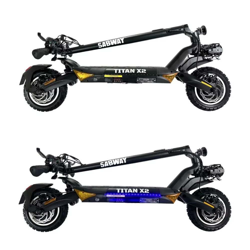 Dos vistas laterales de patinetes eléctricos. Negro y dorado, con luces en la plataforma. 'SABWAY' y 'TITAN X2'.