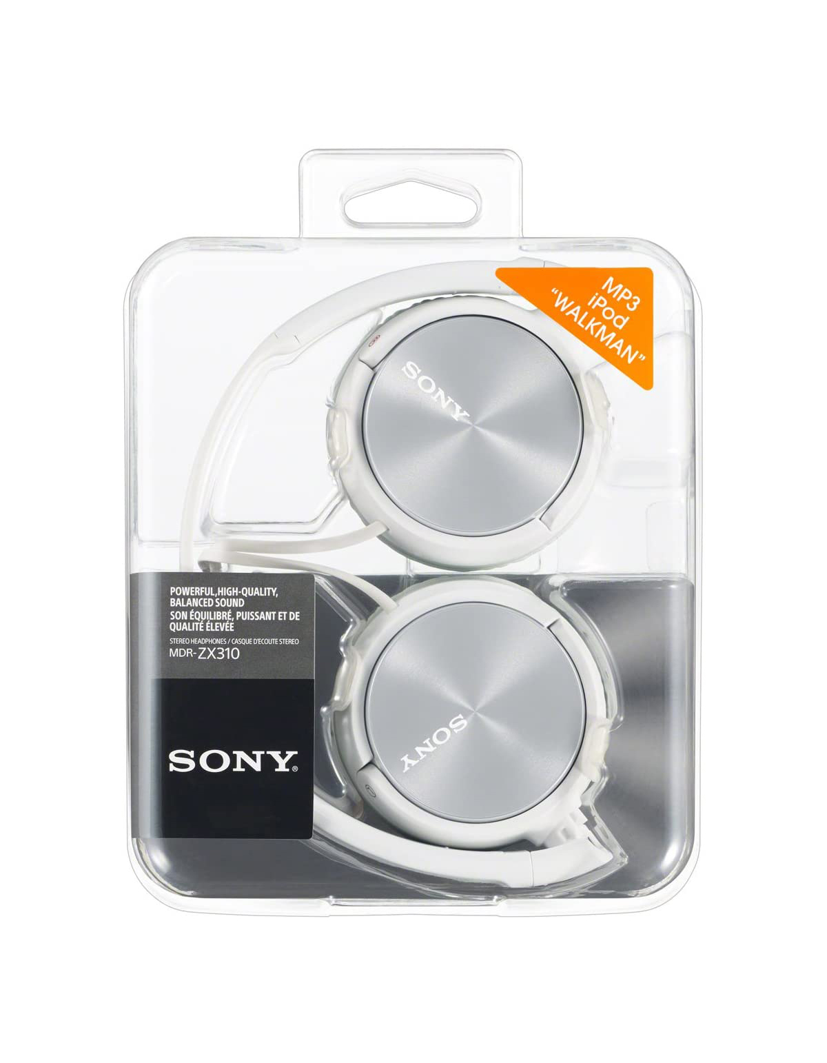 Białe słuchawki Sony w przezroczystym plastikowym opakowaniu z logo Sony.