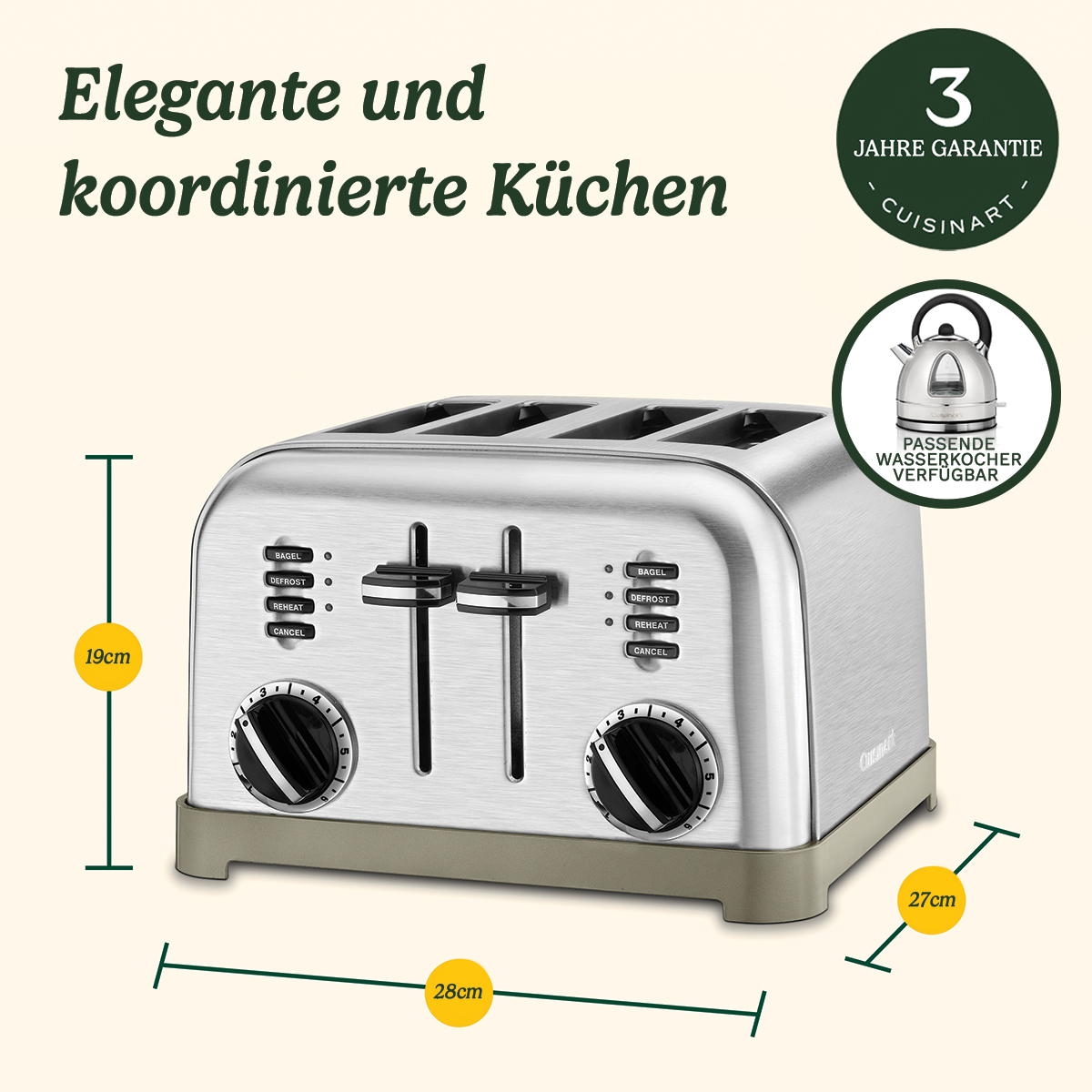 Tostapane Cuisinart argento con quattro fessure, dimensioni e icona del bollitore.