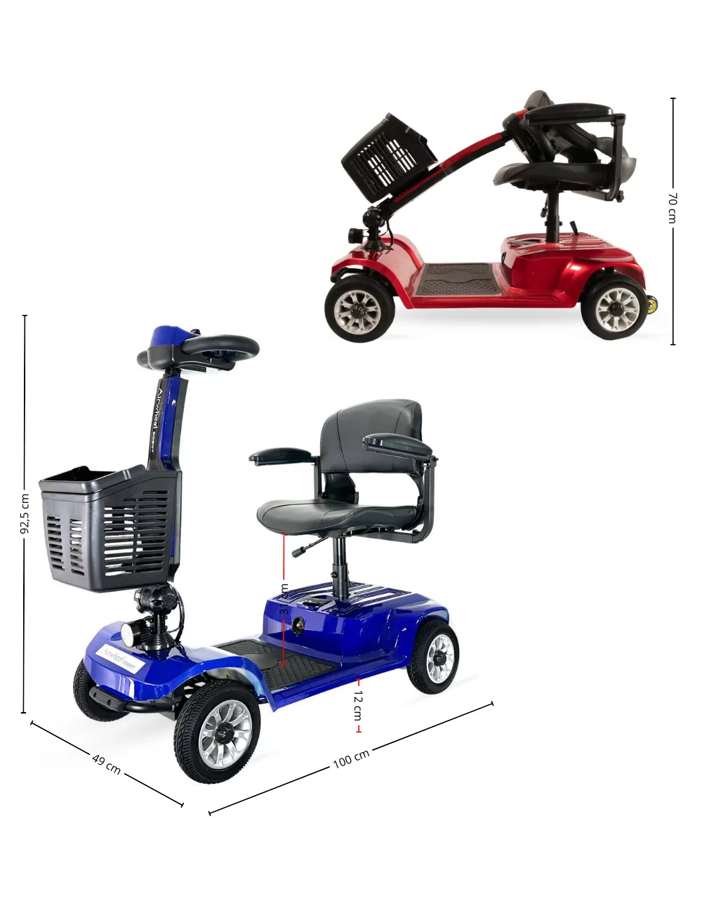 Una toma de producto presenta dos scooters de movilidad, uno azul y otro rojo, con dimensiones etiquetadas sobre un fondo blanco.