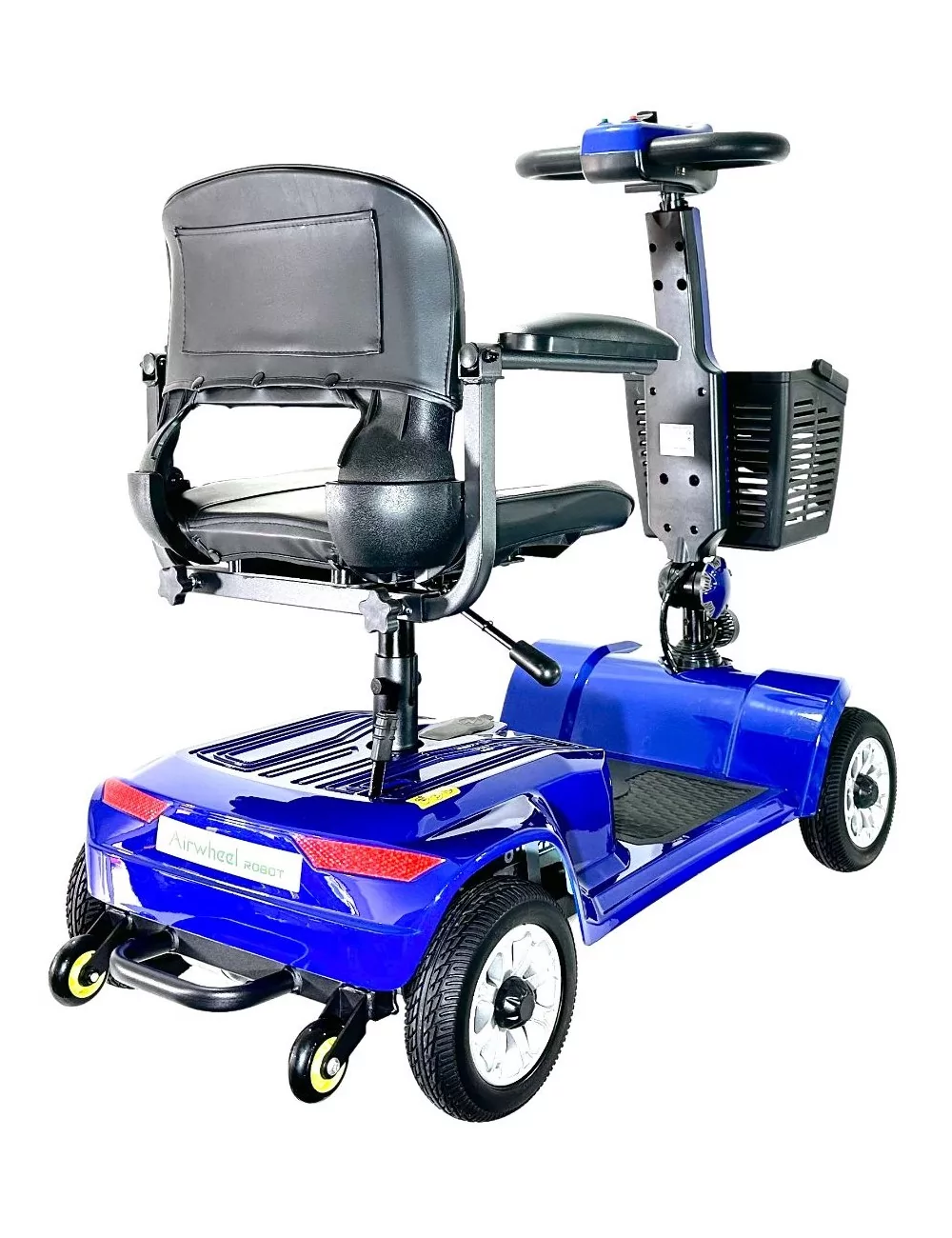 Un scooter de movilidad azul con asiento y cesta negros, visto desde atrás.