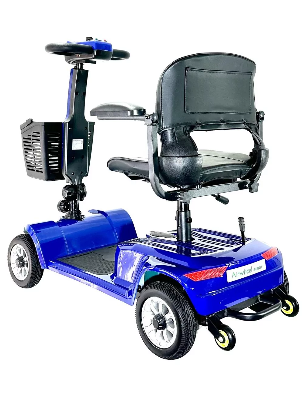 Un scooter de movilidad azul con asiento, reposabrazos y cesta negros, vista en ángulo.