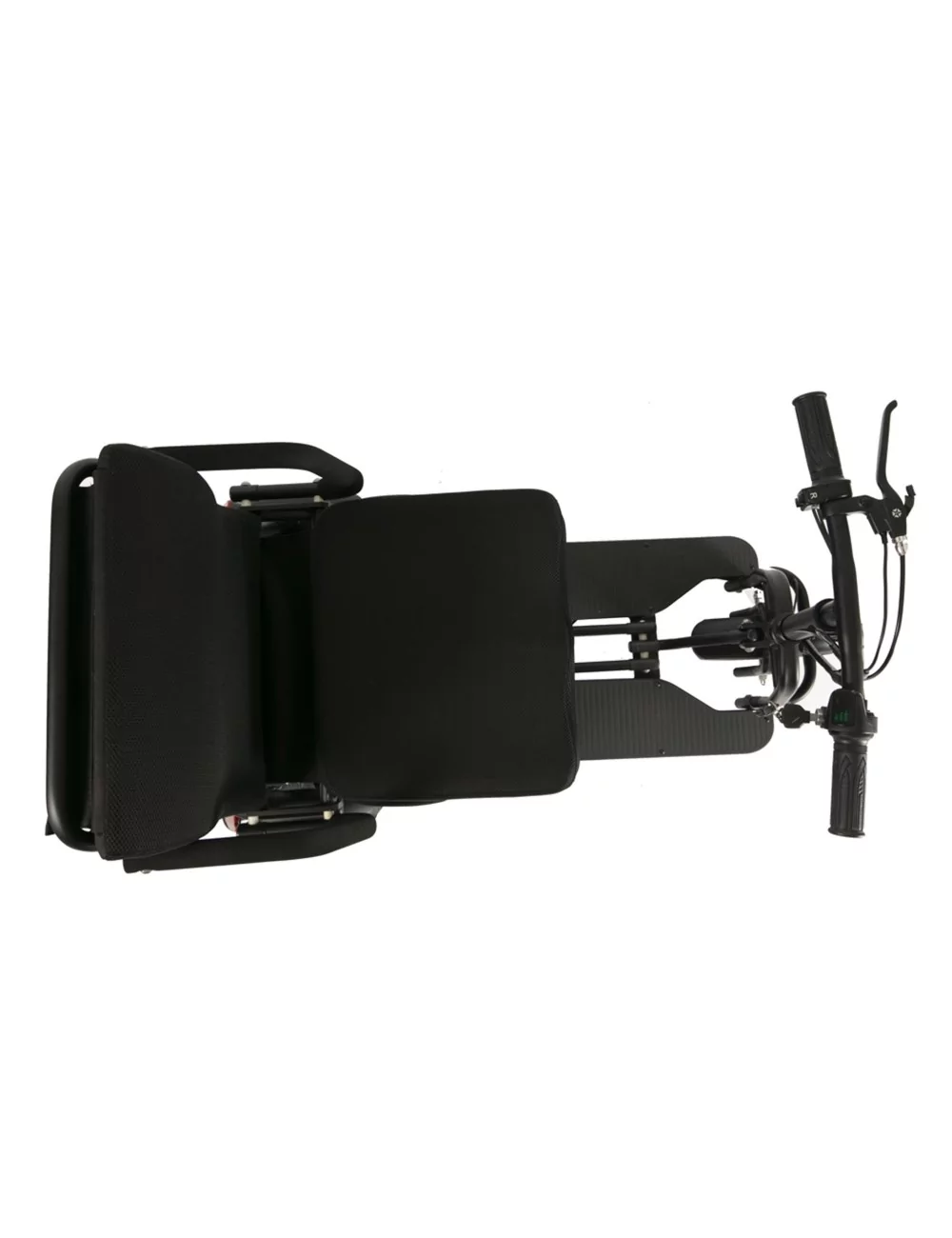 Vista aérea de un scooter de movilidad plegable negro con asiento y manillar.