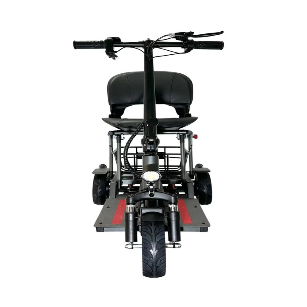 Vista frontal de un scooter de movilidad plegable negro con asiento y faro.