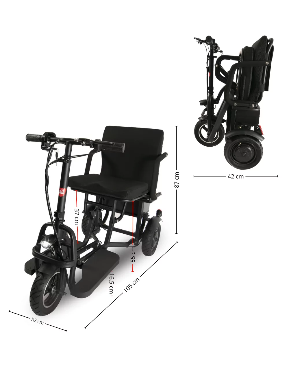 Scooter de movilidad negro con medidas. Muestra asiento, ruedas y manillar. También se muestra un scooter plegado.