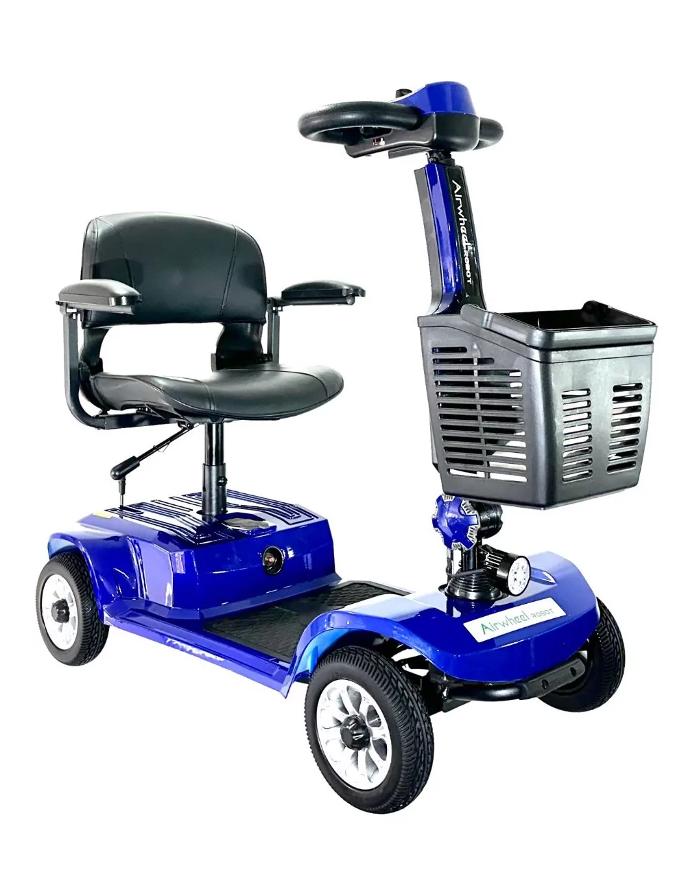 Scooter de movilidad azul con asiento, cesta y ruedas negras. Fondo blanco.