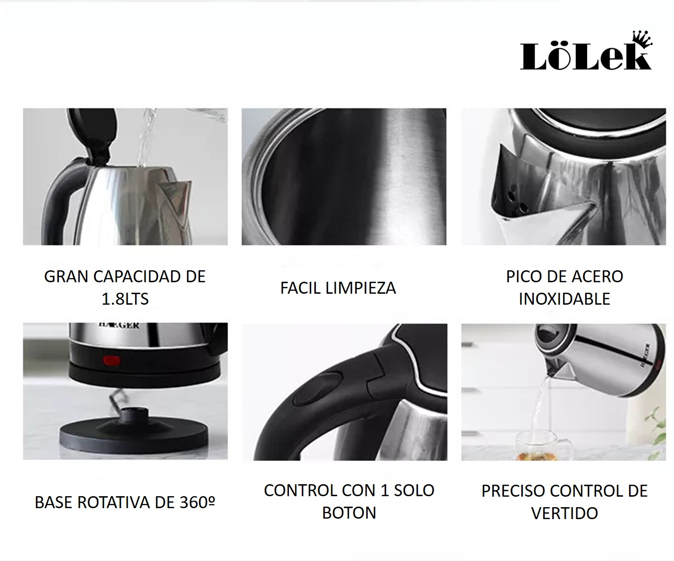 Imágenes de una tetera de acero inoxidable. Detalles incluyen verter agua, interior, boquilla, base, asa y vertido en un vaso.