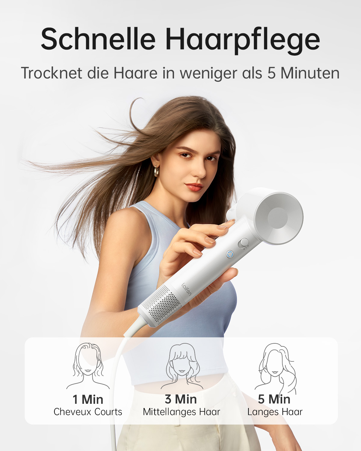 Eine Frau mit Ohrringen hält einen weißen Haartrockner. Text und Diagramme veranschaulichen die Trocknungszeiten der Haare.