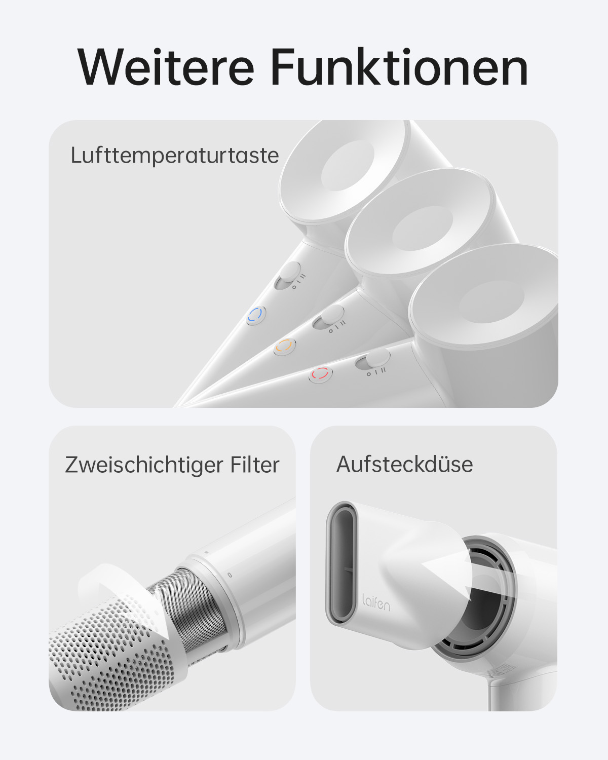 Weiße Haartrocknerteile werden angezeigt und zeigen Knöpfe, Düsen und Filter vor einem grauen Hintergrund.