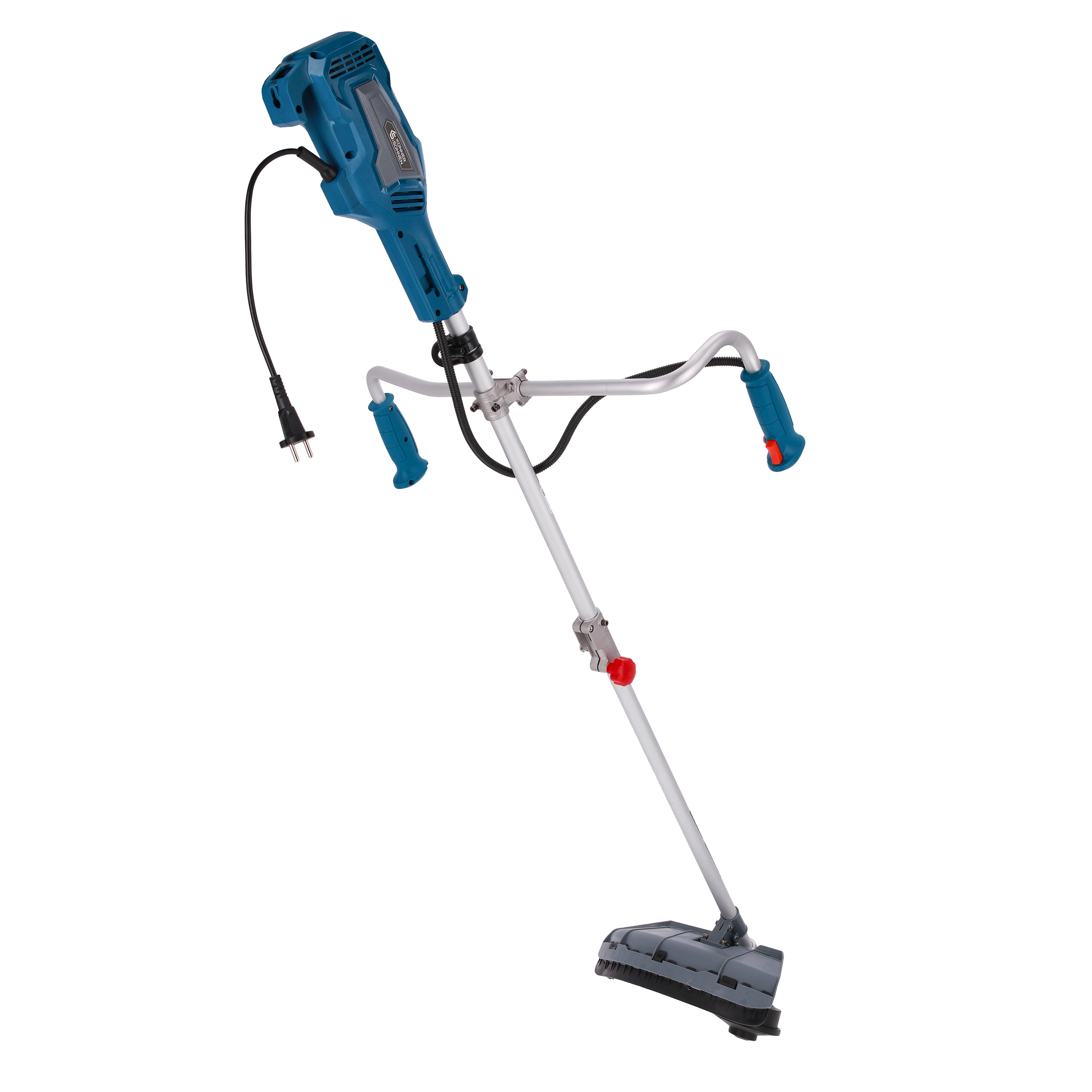 Blau-grauer Fadentrimmer auf weißem Hintergrund, mit schwarzem Netzkabel.