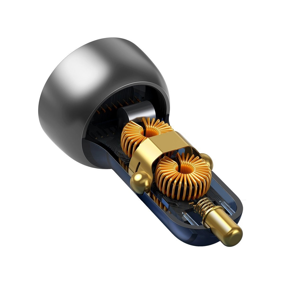 Przekrój ładowarki samochodowej, pokazujący komponenty wewnętrzne. Widoczne złote cewki i niebieskie obwody.