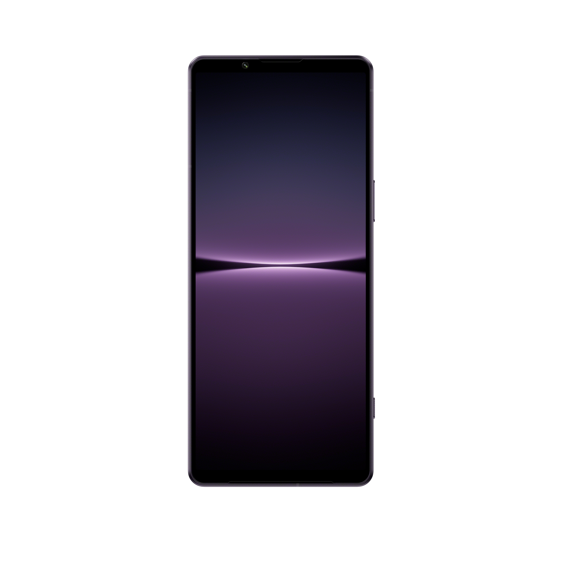 Vorderansicht eines schwarzen Smartphones, Bildschirm zeigt lila Farbverlauf, weißer Hintergrund.