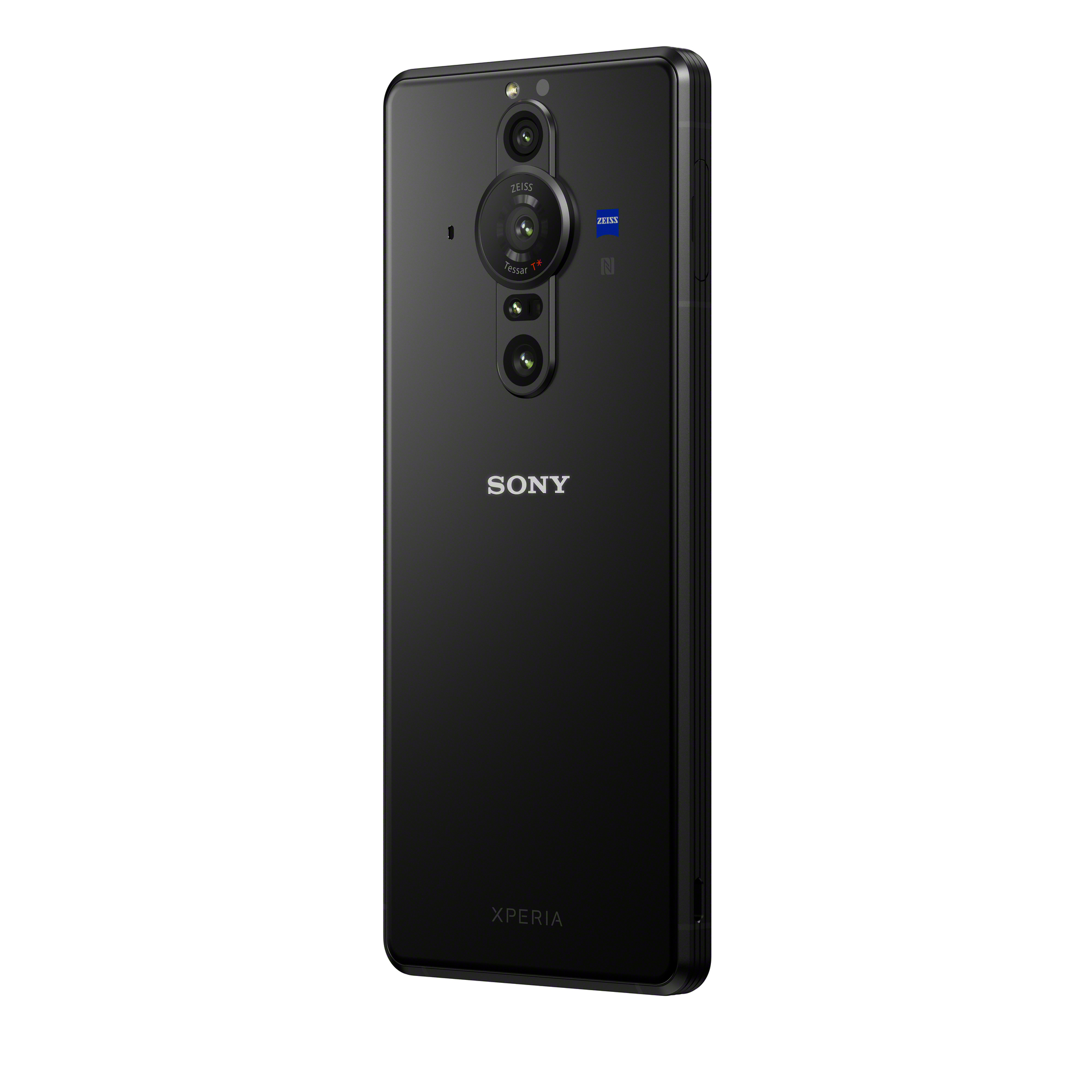 Schwarze Smartphone-Rückansicht, Zeiss-Kamera, Sony- und Xperia-Logos, auf weißem Hintergrund.