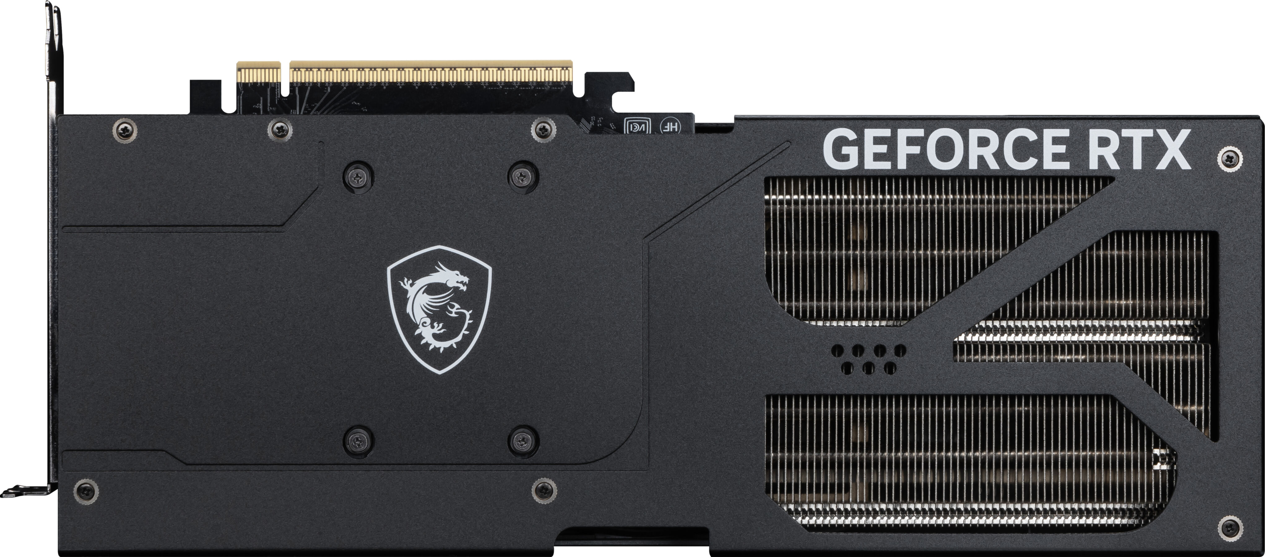 Siyah MSI GeForce RTX grafik kartı. Bir ejderha logosu, soğutma kanatları ve RTX logosu bulunur. Kart monte edilmiştir.