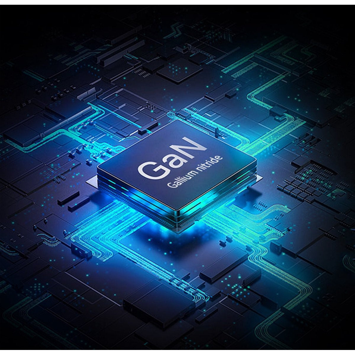 Primer plano de una placa de circuito negro y azul con un chip cuadrado etiquetado 'GaN Nitruro de galio'.